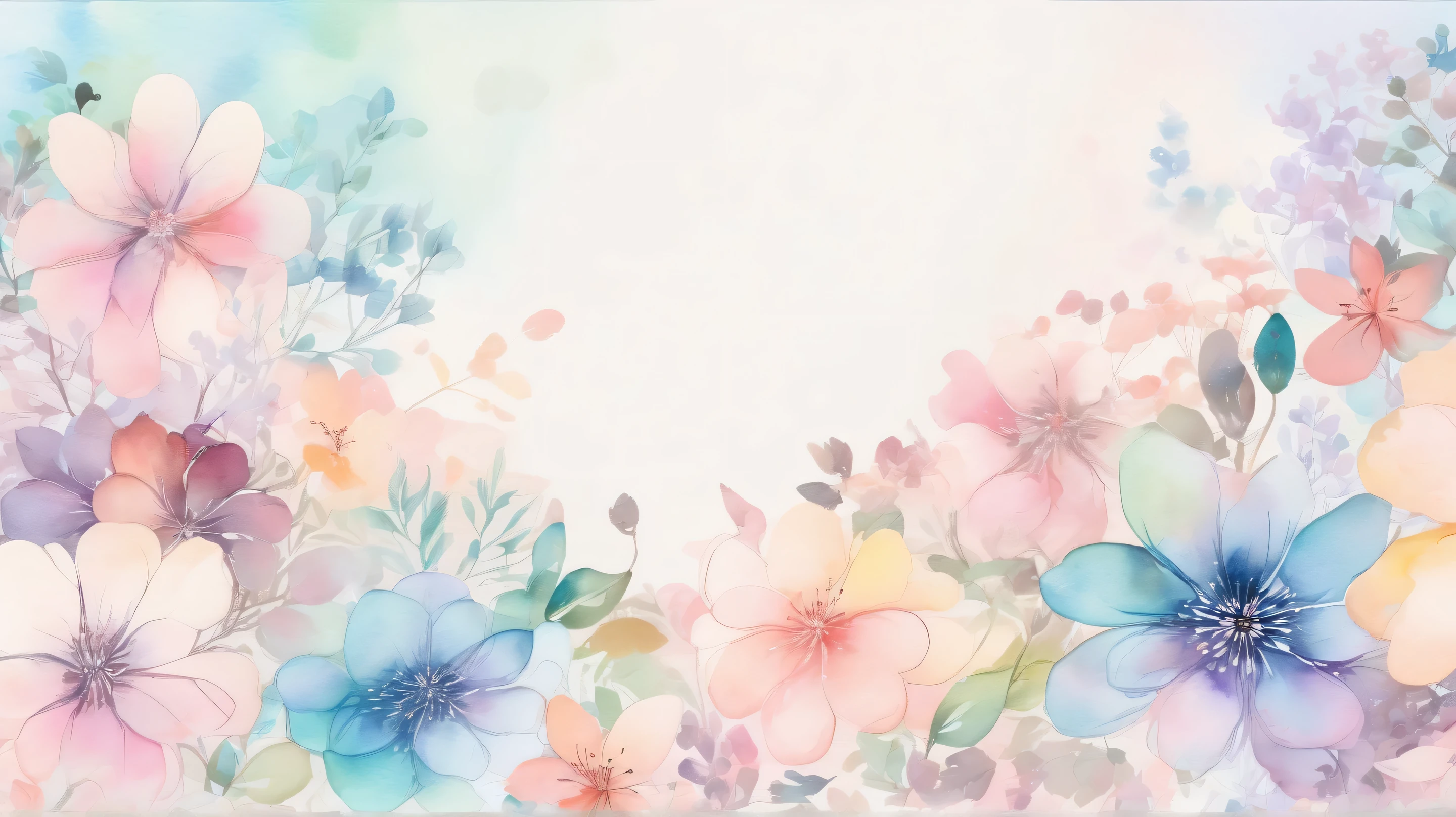 Light watercolor flower pattern 。 with gentle pastel colors at the center 、 transparent light tones spread 。 background has a soft gradient。a lot of small flowers、 bleeding outlines 。 with a soft and delicate atmosphere throughout 、 gentle and dreamy art style。