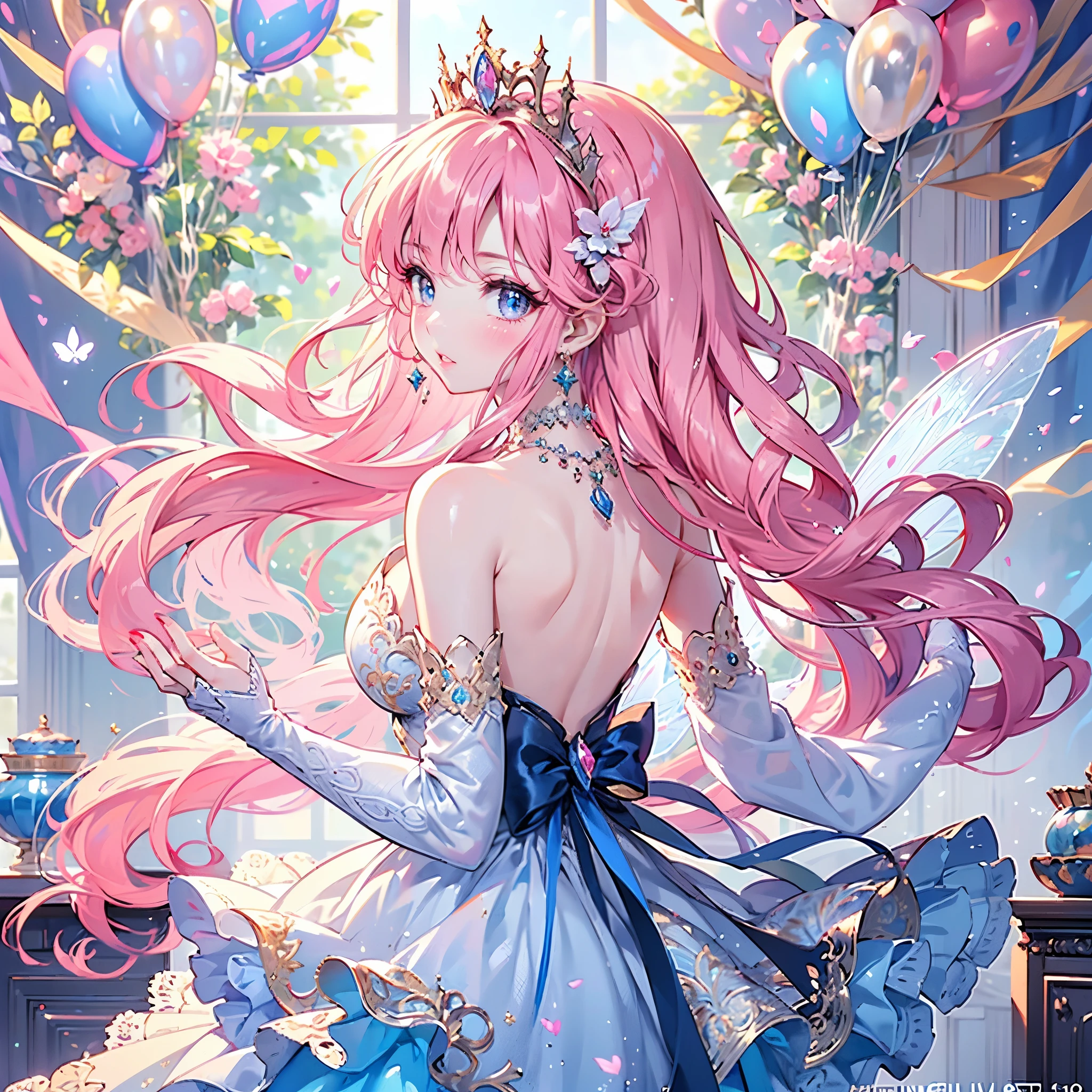( exquisite,  beautiful,  very detailed, Masterpiece,  High Quality , High Resolution ),(Soft thin lines:1.2,  beautiful, 優しく beautiful顔),( fairy wings like butterflies growing from behind ), from a short distance,Whole Body, the whole body is reflected,  knight , The fairy princess is dancing in a gorgeous baroque castle, lots of flowers ,Hanabubuki ,indoor,( diamond tiara ,  earrings,  necklace), ((Gorgeous pastel ball gowns :1.1, Balloon sleeve,gem, ribbon,  lace and ruffles in sm's room,   beautiful fairy wings from back)), ( Light Pink Cheek ,  plump pink lips , Big Bust , white skin,  good style ),Watercolor style