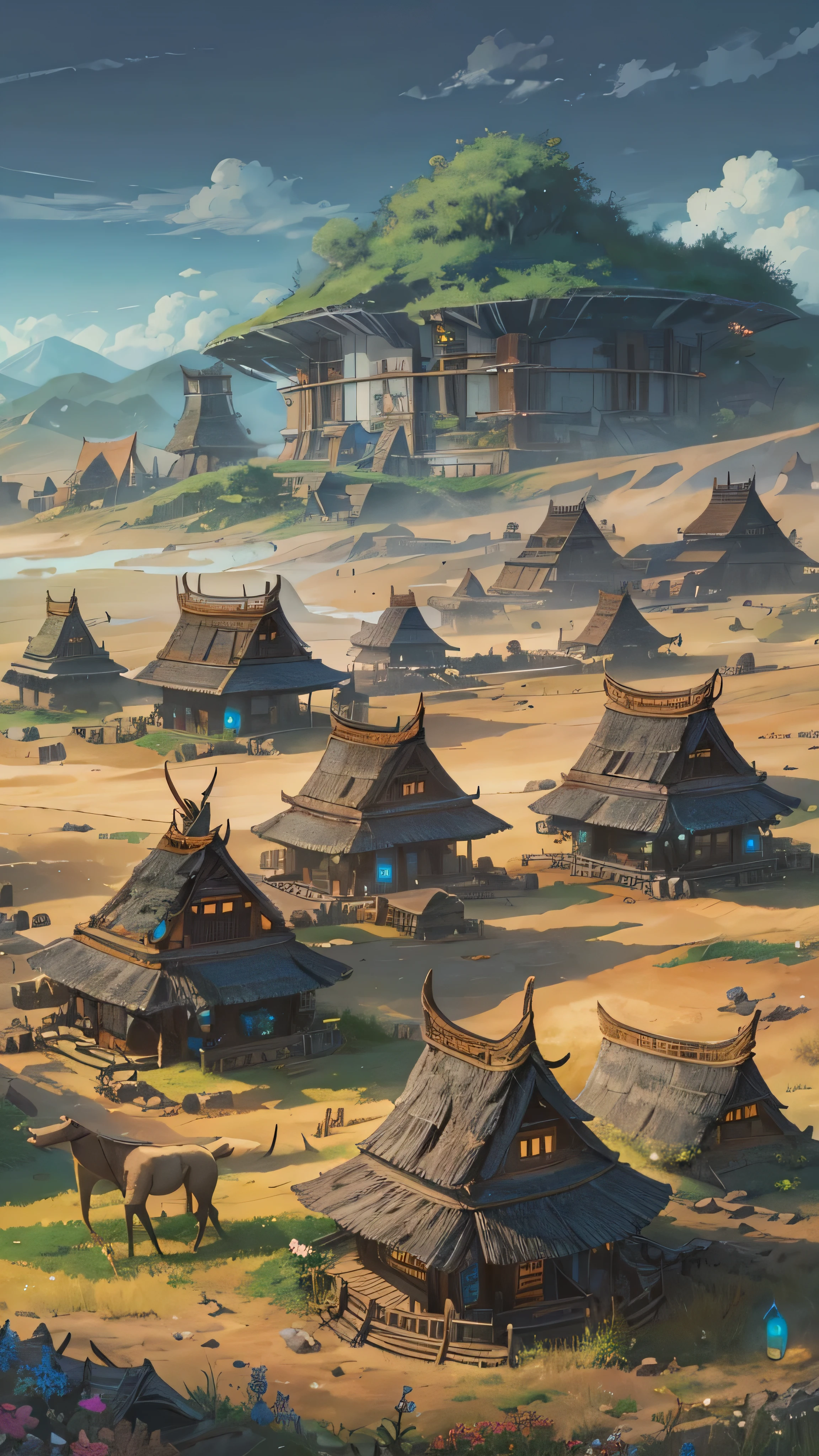 high-definition picture ,nature, open field , Colourful high fantasy, Dark fantasy, Some primitive tribal residences、大nature。