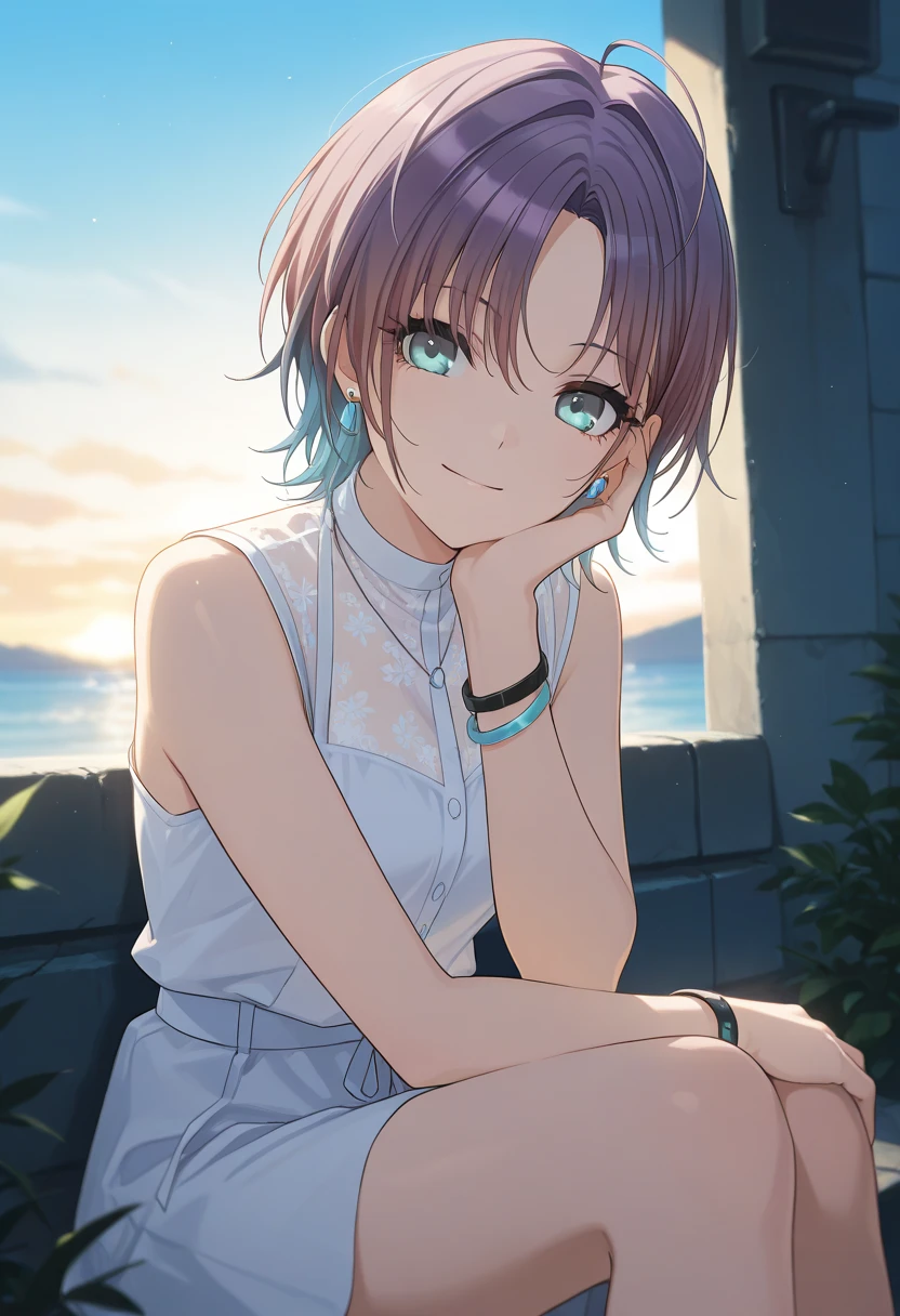 masterpiece,best quality, good quality, ,,outdoors,  shanimas,  source_anime, asakura toru, short hair, brown hair, blue hair, blue eyes, 1girl, solo, looking at viewer, ahoge, jewelry, earrings, smile, white shirt,, parted bangs, bracelet, sleeveless dress, sitting, 