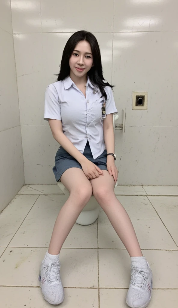 (pp clothes), (realistic), girl showing her panty, show underwear, standing, open legs, view to front, view to camera, wear underwear, visible underwear, Indonesian face, classroom situation, incontinence, peeing herself:1.3, urination:1.3