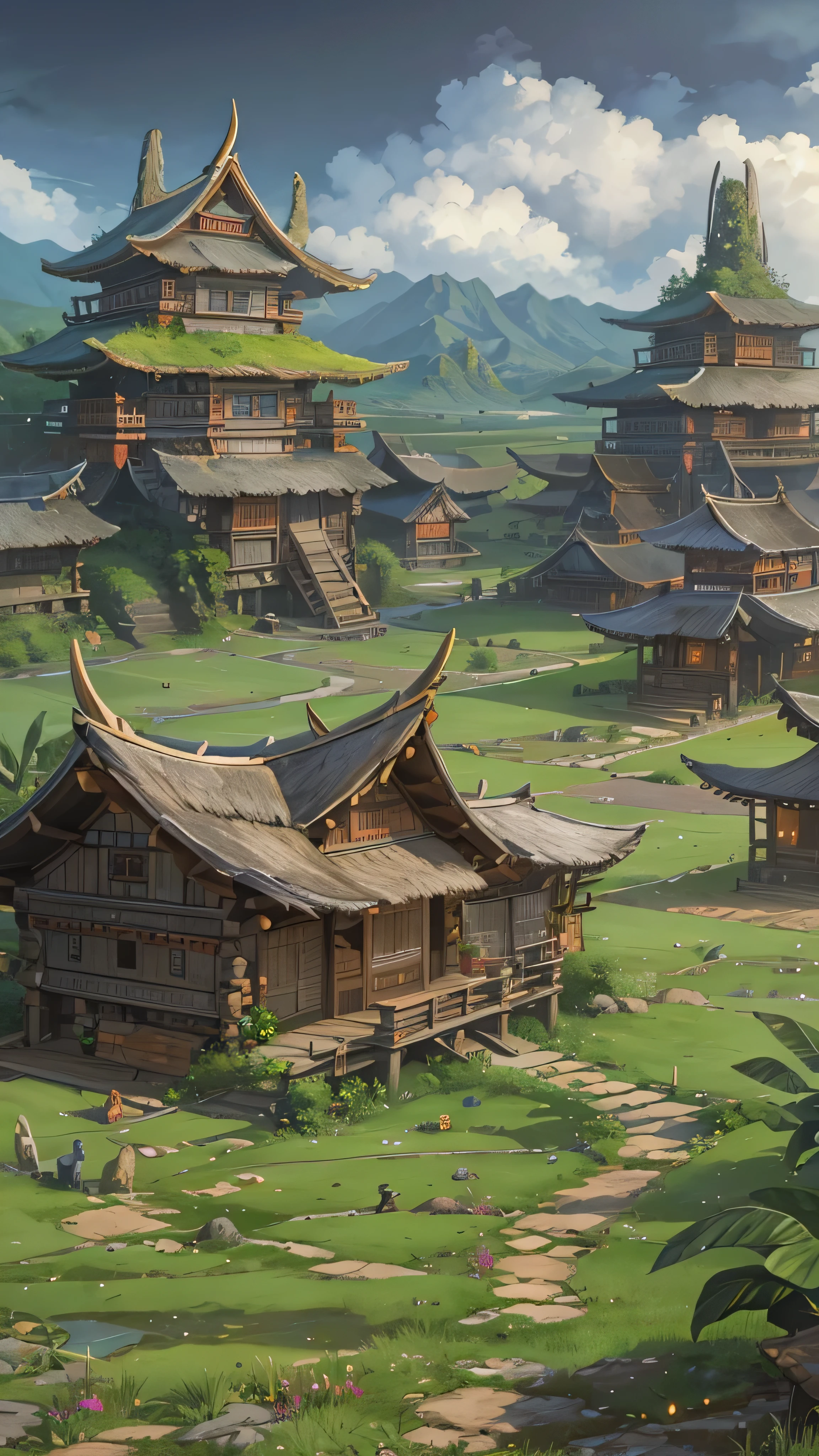 high-definition picture ,nature, open field , Colourful high fantasy, Dark fantasy, Some primitive tribal residences、大nature。