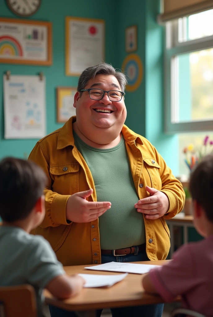 A fat male teacher teaching student and crake a joke and laugh someones and not laugh someones