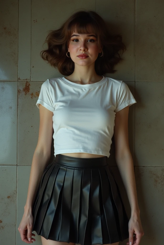 warm smile (masterpiece), (best quality), (realistic), (red lips), realistic girl, one adult woman, pale skin, blue eyes, curly black hair, eye brown, brown eyes, nose, ear, mouth, lips, neck, shoulders, medium chest, (random color shirt, plain t-shirt, short black skirt, tight tights), waist, thick legs, thick thighs, (garden with so many roses background), (short hair)