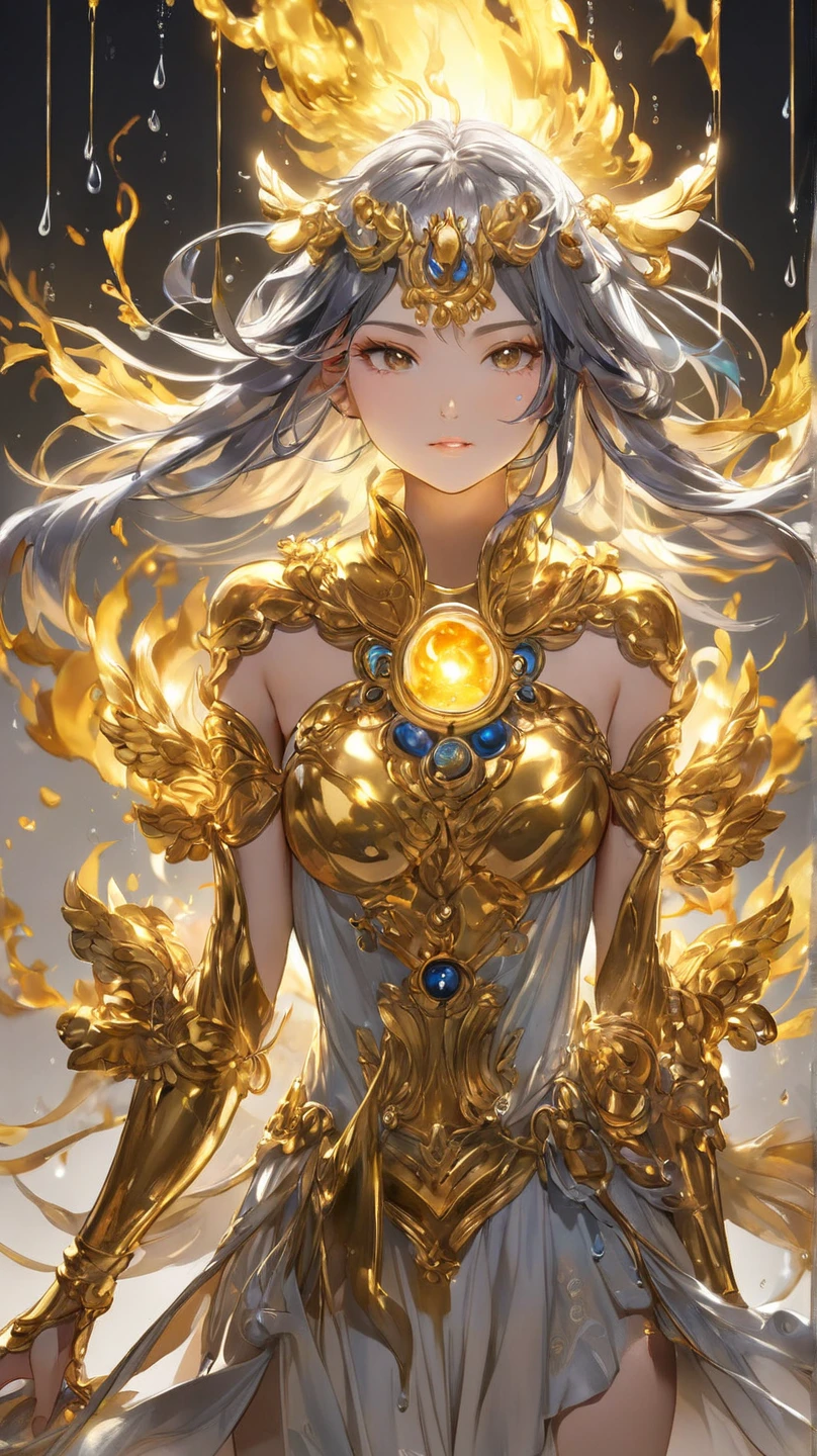 One girl, Female gold spirit, Metal hair, Boiling mercury inside, Put a few drops of mercury on the skin,