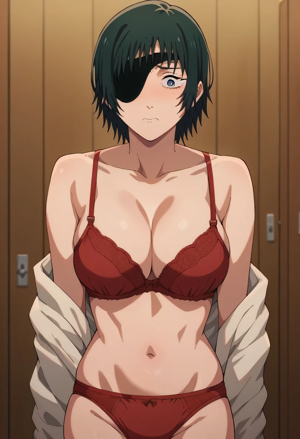 score_9, score_8_up, score_7_up, source_anime, himeno, himeno (chainsaw man), short hair, black hair, blue eyes, eyepatch, large breasts, shy, embarassed, solo, red bra, red panties, changing room, clothes room,