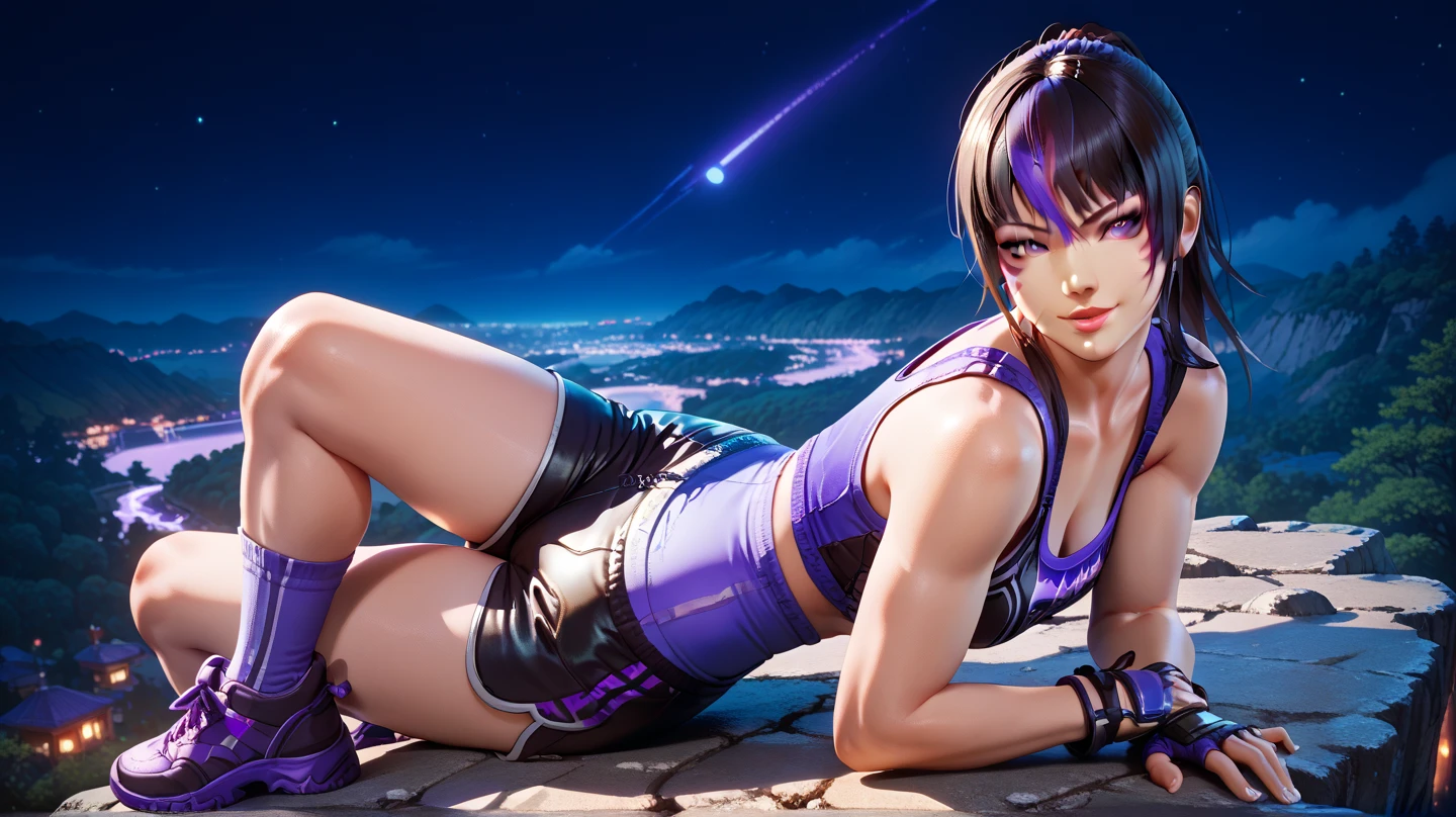 Put your hands behind your back、M-shaped legs、Wear black high heels、Shock purple lame micro bikini