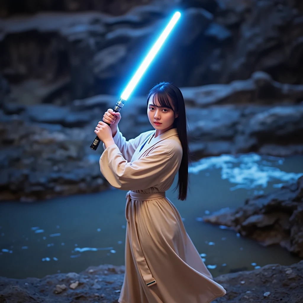 Arafed woman in a robe holding a light saber