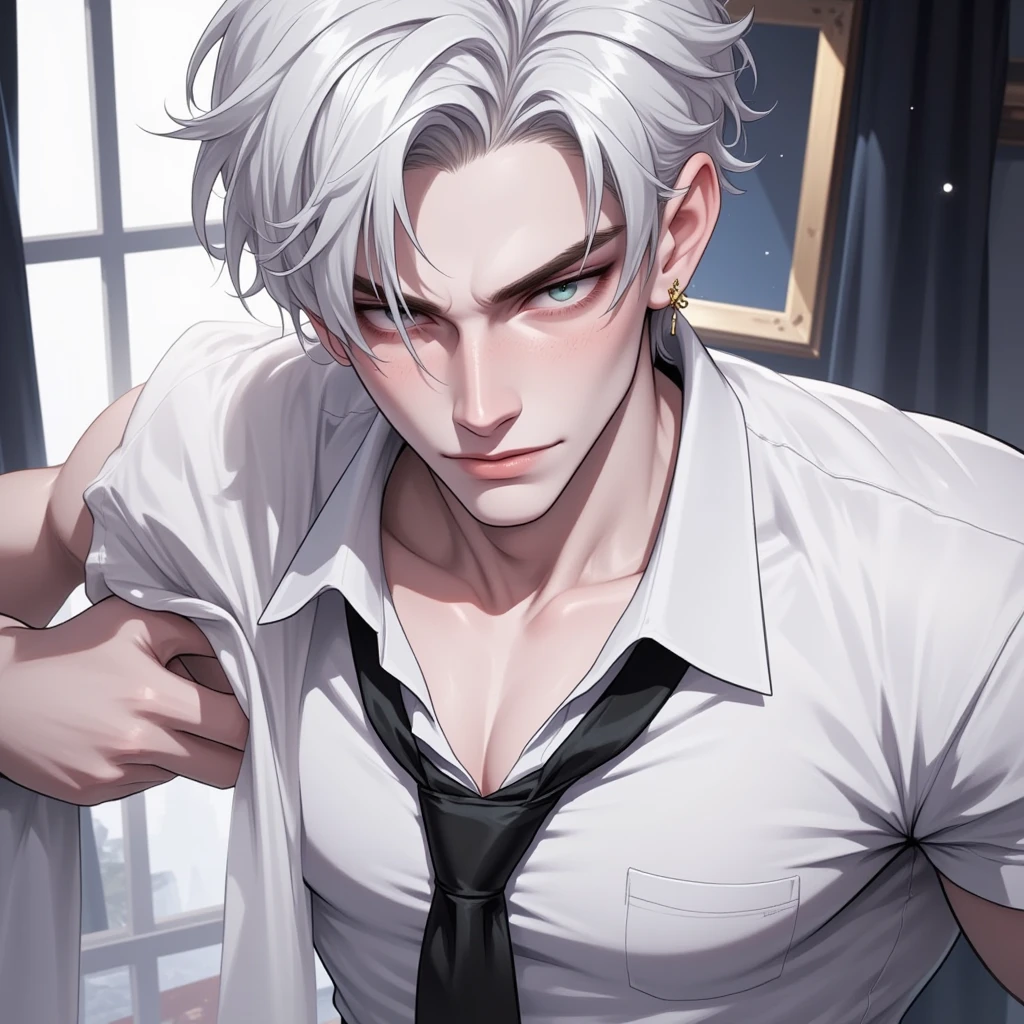 1boy, anime male, white hair, narrowed white eyes, messy white collar shirt, loose black tie, missionary position, gay sex, blushing, on back gripping sheets, perfect cock, dynamic pose, dynamic shading, 