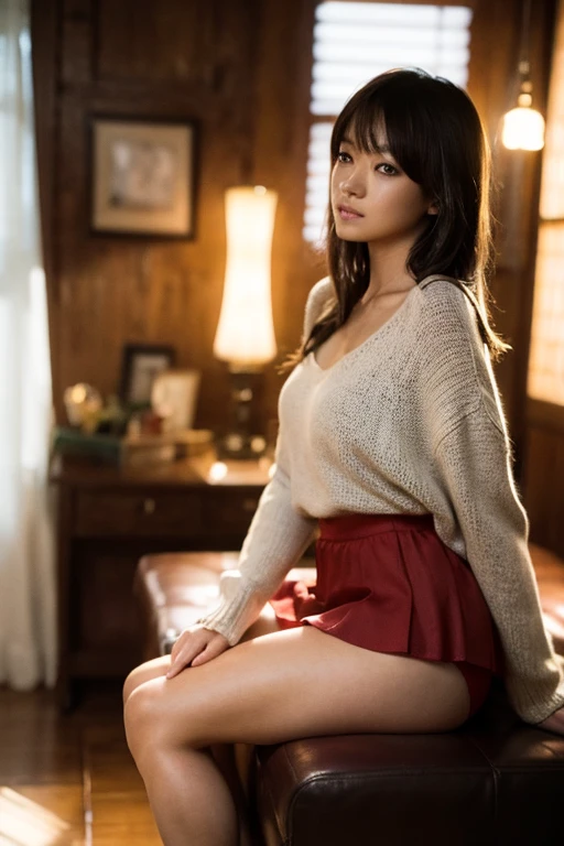 8k,  best quality , live-action,  intricate detail ,  ultra detail , ウルトラ High Resolution ,  depth field,(photo realistic, realistic:1.2),Masterpiece,4K, High Resolution ,  best quality ,  from the side 1 girl , ( very beautiful face ), Japanese , Fine Skin , ( Cinematic Lighting), clavicle,  Soft Writing ,  dynamic poses, [:( detailed face :1.2):], slender,  Pointy Brests ,backlit,  lipstick,  medium haired, full body,  skirt ,  sweater  ,  cross legs,  panties, Panties with lots of frills