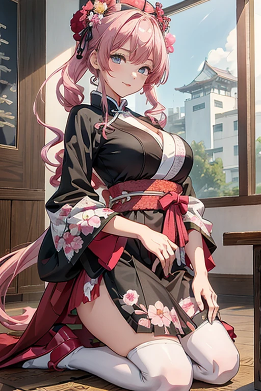 16ｋ,Raw photography,top-quality,hight resolution,Ray tracing,PBR Texture,Post-processing,),(((Pink leather china skirt , Cute Japan Anime Girl,魔法少女まどか☆マギカ,Kyoko Sakura,long wavy hair of maroon color,,Big breasts that emphasize cleavage,bare hand,Thin leg,))),(finerly detailed face:1.4),(​masterpiece:1.4),(top-quality:1.4), Beautiful fine skin,(cute little:1.5),(Complex black stockings),pin heels,Leather luster 3.0,Beautiful skin,(Pink BDSM figure),((tthin eyebrows,long eyelashes,smil,二重まぶた,)),Real Photo Stick,Concert Venues,No title required,Do not wear anything on your shoulders, Nasty figure, Fine hands,Thin beautiful legs,Staring from the front,Cheongsam with beautiful pattern with golden embroidery,