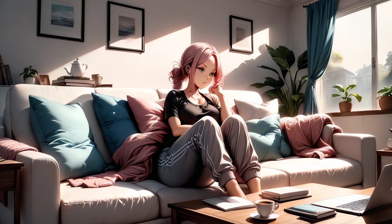 "A young woman with pastel green and pink hair tied into a braid sits on a comfortable armchair in a cozy living room, her laptop resting on her lap. She wears a black tank top and soft fleece joggers. The warm sunlight floods in through a small bay window, illuminating the stacks of books and a knit throw blanket draped over the couch. A cup of coffee steams on the side table, adding to the inviting atmosphere."

