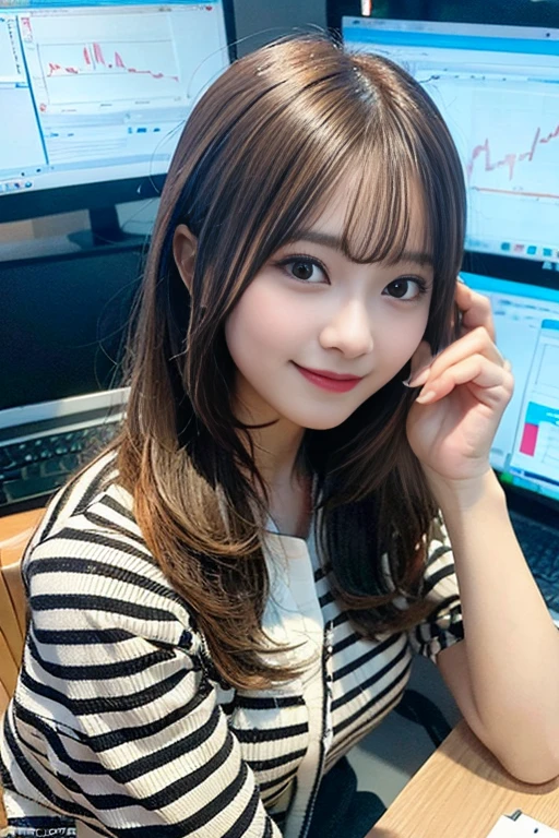 A beautiful Japanese woman with large breasts, day trading on a computer, A computer screen shows a stock chart, wearing an office-like shirt and tight mini skirt, sitting at a desk and looking back towards the camera, Ultra-high resolution、(photoGenuineistic:1.4)、RAW Photos、Japanese,(Detailed aspect)、Genuine、Photographed in natural light、Highly detailed face and skin texture、Highly detailed lips、The correct state of the human body、Medium Hair、Black Hair、Various poses、Natural color lip