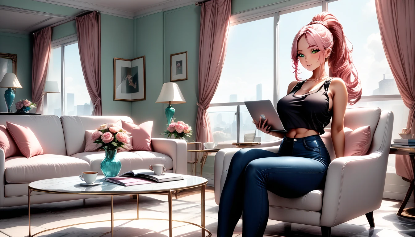 "A woman with pastel green and pink hair styled in a high ponytail sits on a plush cream armchair in a modern, luxurious living room. She wears a black tank top and high-waisted black jeans, her laptop glowing softly as she works. The sunlight beams through oversized windows framed with sheer curtains, creating a dynamic interplay of light and shadow on the marble flooring and glass coffee table. A steaming cup of coffee and a decorative vase with fresh flowers add elegance to the scene."

