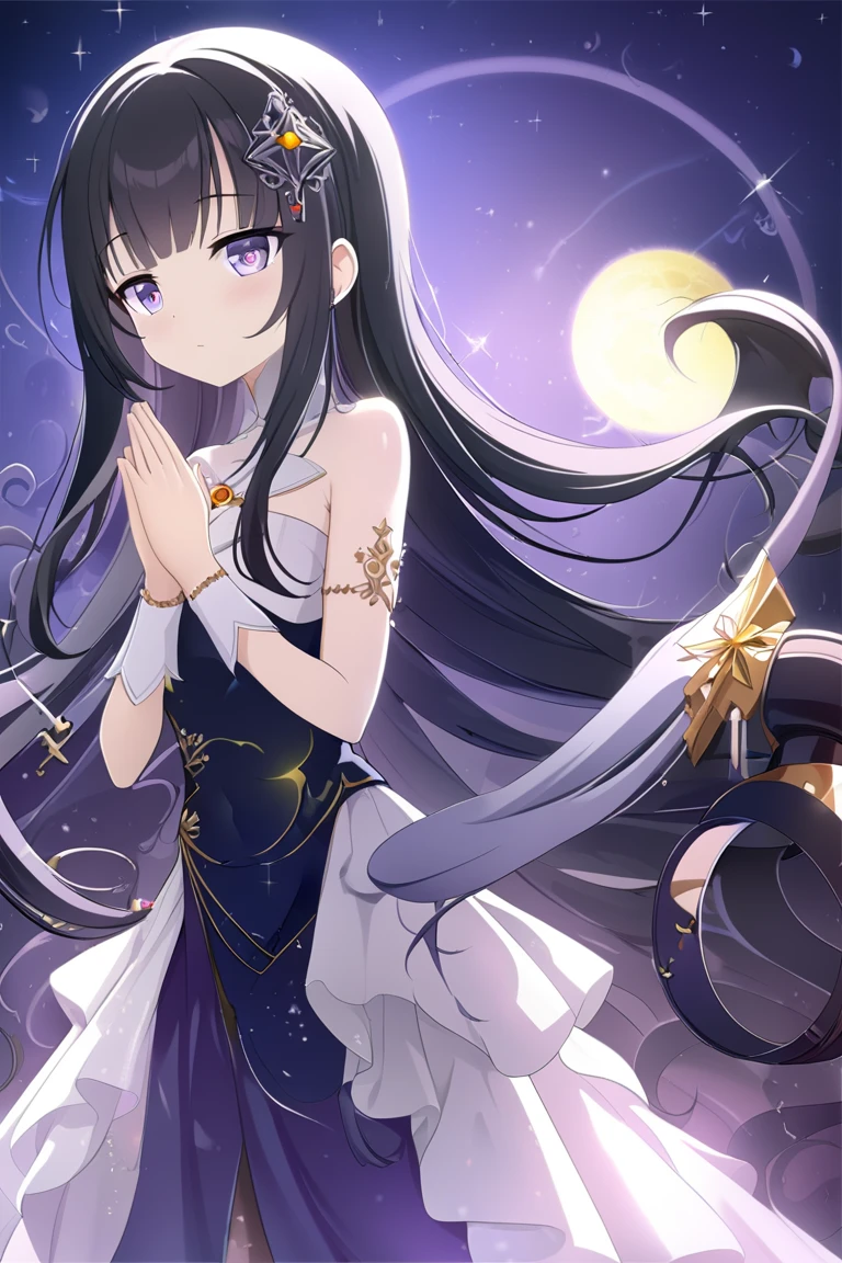 Anime style, tall, skinny   ,    Violet Evergarden style    (masterpiece), super beautiful, shiny long straight hair (high quality), (beautifully detailed face), (beautifully detailed eyes)), (beautiful and beautiful hands), (high definition CG)), ((8k_wallpaper)), breathtakingly beautiful. Long flowing black hair gracefully flows down her back, wrapped in a soft and otherworldly glow - embodying the essence of heavenly grace and elusive charm. I think I have created a fantastic image that brings out the beauty and mysterious charm of Princess Kaguya. One girl, purple eyes, lens flare, high resolution, multiple awards, high quality model, high quality In the background, a fantastic sun and full moon line up, and a beautiful woman with her hands together in prayer. In the background, a fantastic sun and full moon line up,  and a beautiful woman one girl ,  black hair,  touch very long hair ,  close youAnime style, tall, skinny   ,    Violet Evergarden style    (masterpiece), super beautiful, shiny long straight hair (high quality), (beautifully detailed face), (beautifully detailed eyes)), (beautiful and beautiful hands), (high definition CG)), ((8k_wallpaper)), breathtakingly beautiful. Long flowing black hair gracefully flows down her back, wrapped in a soft and otherworldly glow - embodying the essence of heavenly grace and elusive charm. I think I have created a fantastic image that brings out the beauty and mysterious charm of Princess Kaguya. One girl, purple eyes, lens flare, high resolution, multiple awards, high quality model, high quality In the background, a fantastic sun and full moon line up, and a beautiful woman with her hands together in prayer. In the background, a fantastic sun and full moon line up,  and a beautiful woman one girl ,  black hair,  touch very long hair ,  close your mouth, I am praying、Princess Kaguya、moon、 moon、 glitter effect, Purple lighting、 is shining、 front view、Praying to heaven 、 putting their hands together motion blur,  sticking out of the screen , 