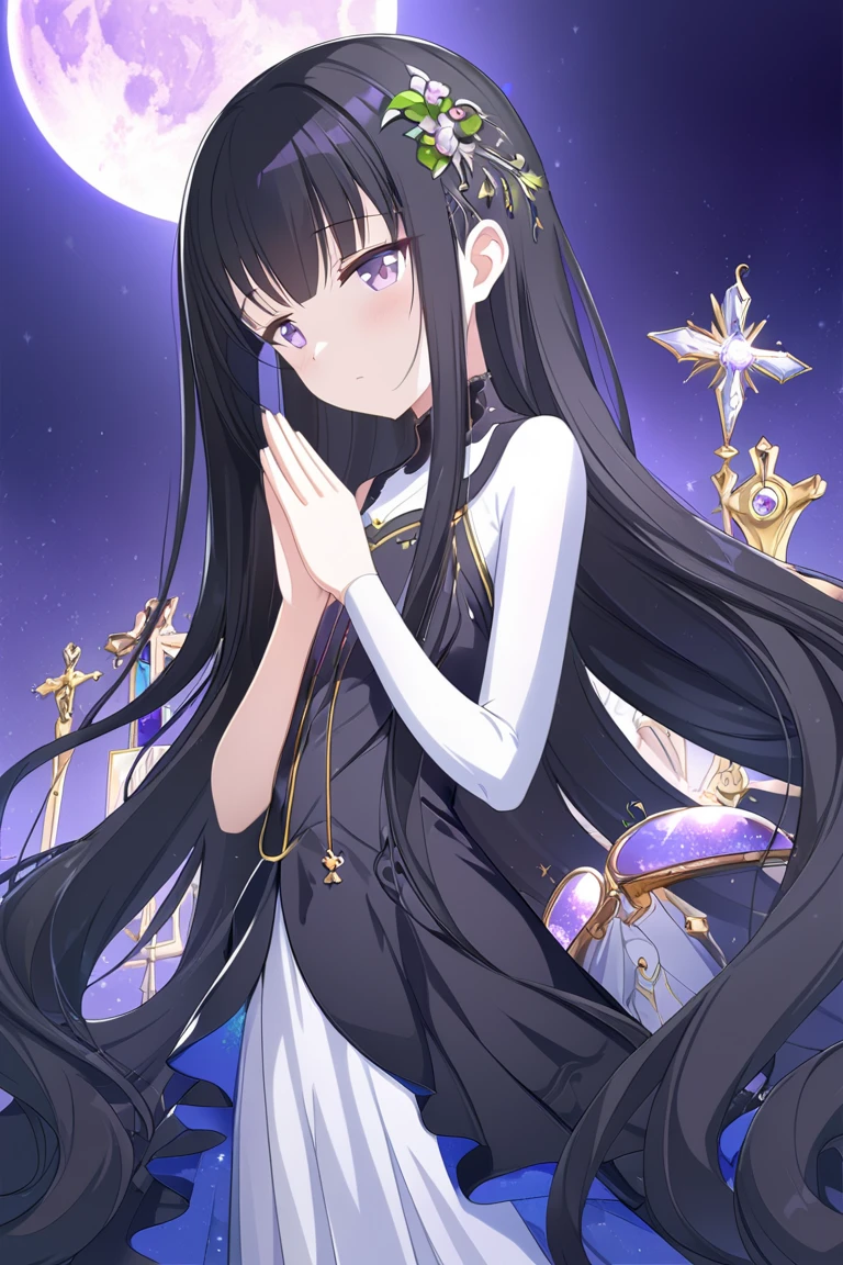 Anime style, tall, skinny   ,    Violet Evergarden style    (masterpiece), super beautiful, shiny long straight hair (high quality), (beautifully detailed face), (beautifully detailed eyes)), (beautiful and beautiful hands), (high definition CG)), ((8k_wallpaper)), breathtakingly beautiful. Long flowing black hair gracefully flows down her back, wrapped in a soft and otherworldly glow - embodying the essence of heavenly grace and elusive charm. I think I have created a fantastic image that brings out the beauty and mysterious charm of Princess Kaguya. One girl, purple eyes, lens flare, high resolution, multiple awards, high quality model, high quality In the background, a fantastic sun and full moon line up, and a beautiful woman with her hands together in prayer. In the background, a fantastic sun and full moon line up,  and a beautiful woman one girl ,  black hair,  touch very long hair ,  close youAnime style, tall, skinny   ,    Violet Evergarden style    (masterpiece), super beautiful, shiny long straight hair (high quality), (beautifully detailed face), (beautifully detailed eyes)), (beautiful and beautiful hands), (high definition CG)), ((8k_wallpaper)), breathtakingly beautiful. Long flowing black hair gracefully flows down her back, wrapped in a soft and otherworldly glow - embodying the essence of heavenly grace and elusive charm. I think I have created a fantastic image that brings out the beauty and mysterious charm of Princess Kaguya. One girl, purple eyes, lens flare, high resolution, multiple awards, high quality model, high quality In the background, a fantastic sun and full moon line up, and a beautiful woman with her hands together in prayer. In the background, a fantastic sun and full moon line up,  and a beautiful woman one girl ,  black hair,  touch very long hair ,  close your mouth, I am praying、Princess Kaguya、moon、 moon、 glitter effect, Purple lighting、 is shining、 front view、Praying to heaven 、 putting their hands together motion blur,  sticking out of the screen , 