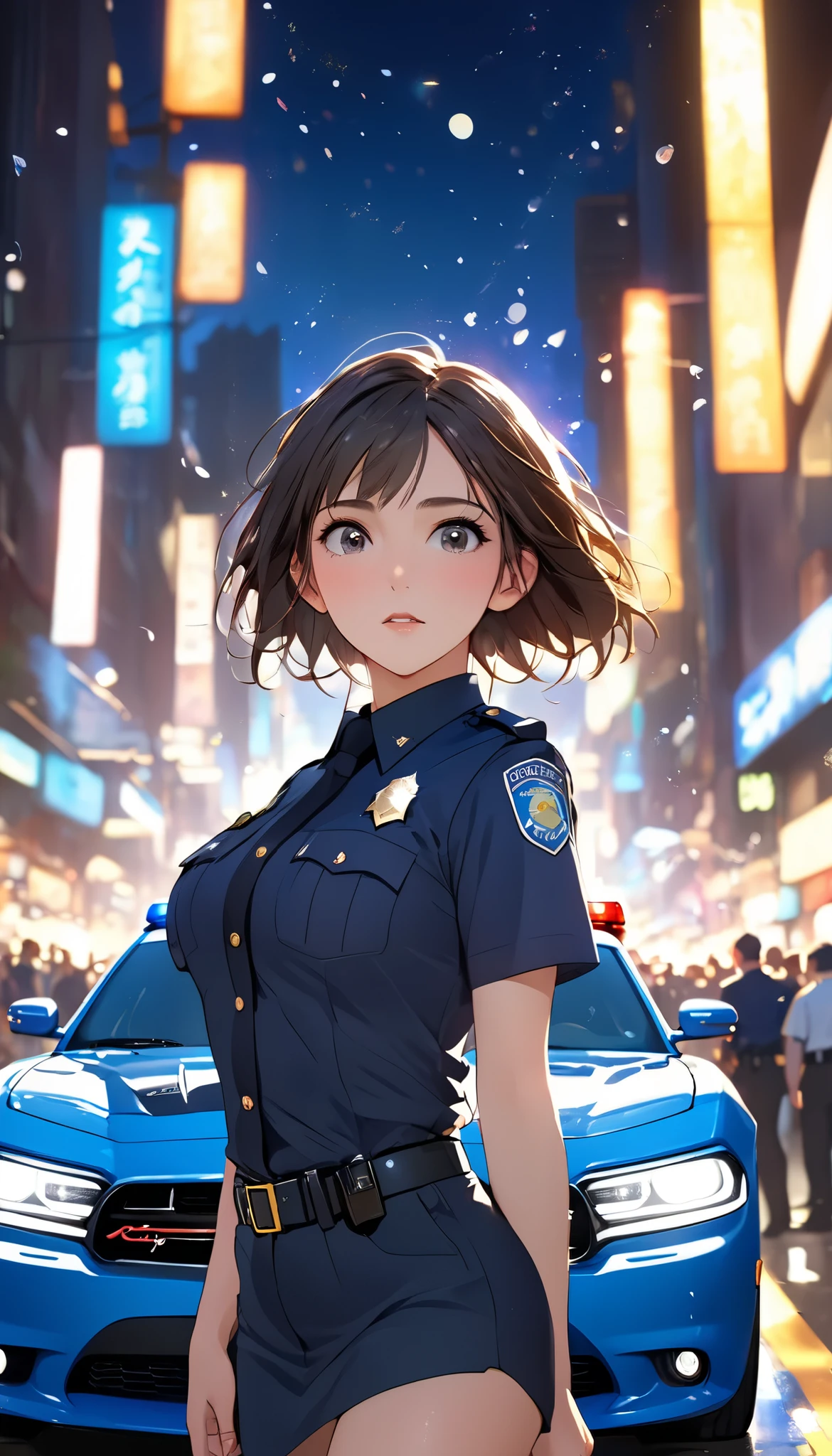 Masterpiece, high definition, illustration, Animation Style , movie style of 'your name', night , mid night , Gentle Light, Attractive light , ( 1 Woman : 1.3), (Alone: 1.4), Has long eyelashes , , nose_, open_mouth, full body shot, (, , (Uplifted and well-defined bust:1.2), (lifted chest:1.2), (perky breasts :1.2),(deep cleavage:1.4),Kirarhythm, dynamic perspective , perspective , Bokeh, Depth_of_Field, from_ Down, Fantasy, Dramatic composition,,Female police officer conducting traffic control Standing next to a Dodge Charger police vehicle,