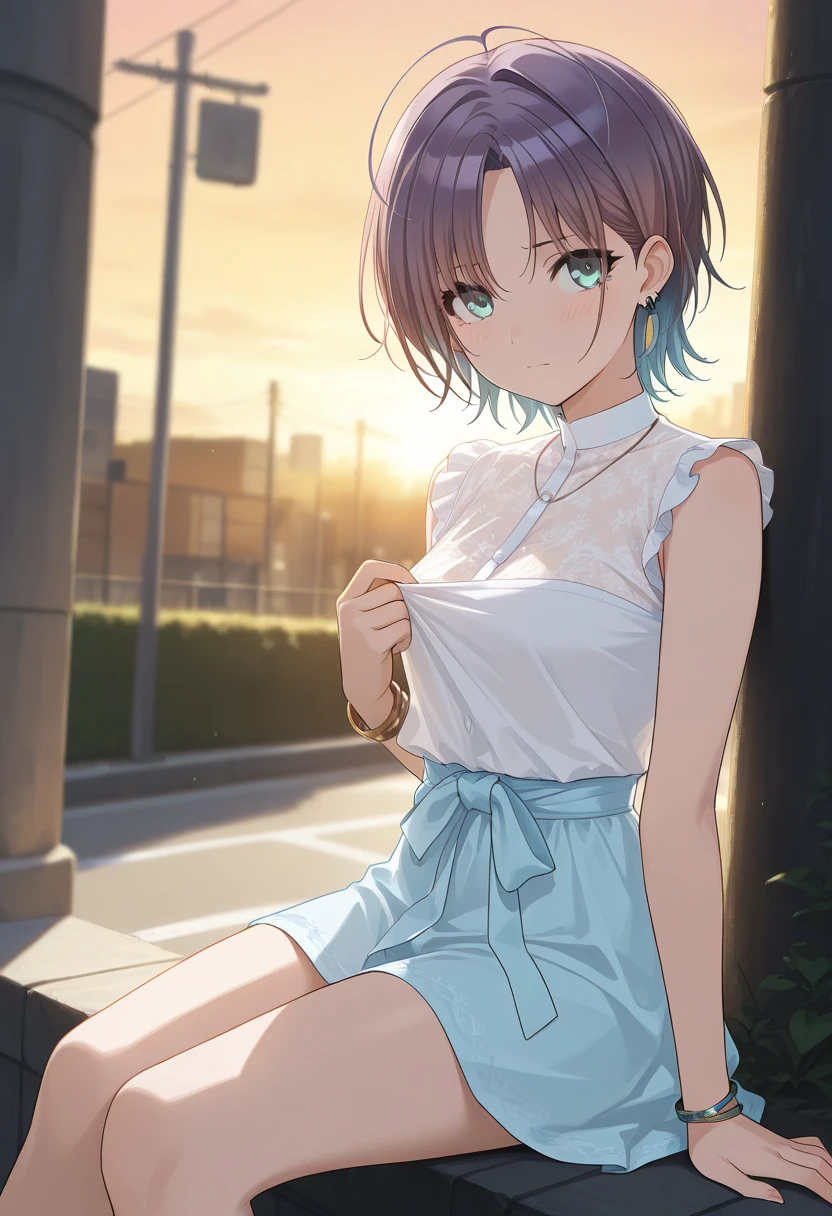 masterpiece,best quality, good quality, ,,outdoors,  shanimas,  source_anime, asakura toru, short hair, brown hair, blue hair, blue eyes, 1girl, solo, looking at viewer, ahoge, jewelry, earrings, embarrassed, white shirt,, parted bangs, bracelet, sleeveless dress pull, sitting, 