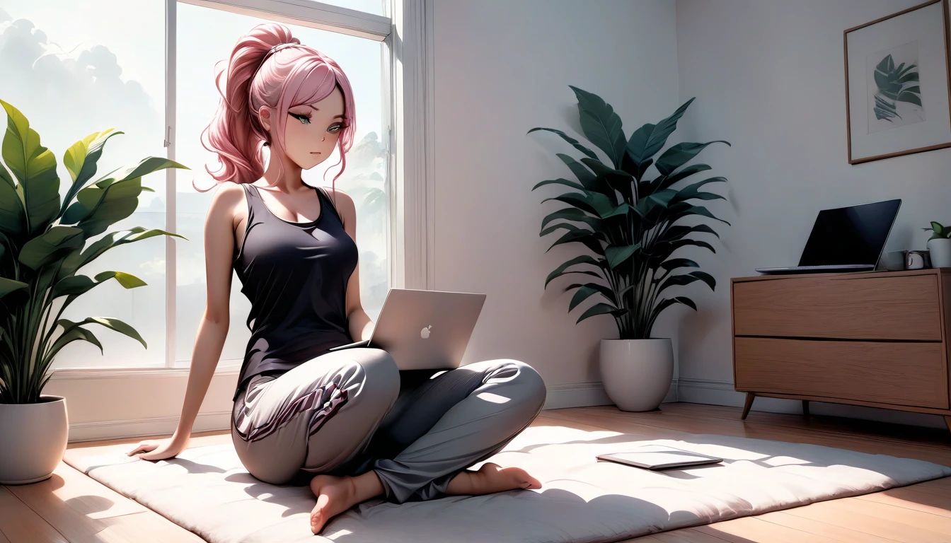 "A young woman with pastel green and pink hair tied in a ponytail sits cross-legged on a plush white rug in a minimalist living room, her laptop resting on a low wooden coffee table. She wears a black tank top and gray joggers, her focus evident as she types. The sunlight pours through a floor-to-ceiling window, casting long, soft shadows across the clean, minimalist furniture. A small cup of coffee sits beside her, and a tall indoor plant in the corner sways gently in the breeze."

