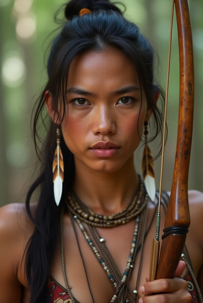a high quality photograph of a Brazilian indigenous warrior in the year 1450 after Christ, with your war paint and your battle gear (弓, arrow and club), based on the works of Jean-Baptiste Debret about the inhabitants of Brazil