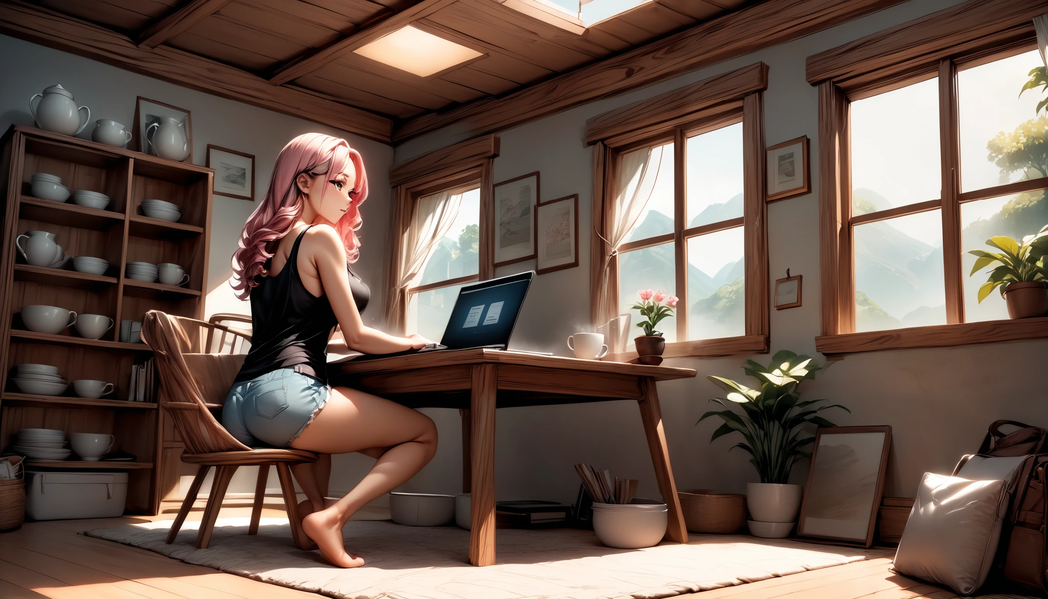 "A woman with pastel green and pink hair styled in loose waves sits in a rustic living room, typing on her laptop at a wooden dining table. She wears a black tank top and light denim shorts, her bare feet resting on a woven rug. The sunlight streams through a set of vintage windows with wooden frames, illuminating the warm tones of the exposed brick wall and the handmade pottery on a nearby shelf. A steaming mug of coffee sits beside her laptop, completing the cozy scene."
