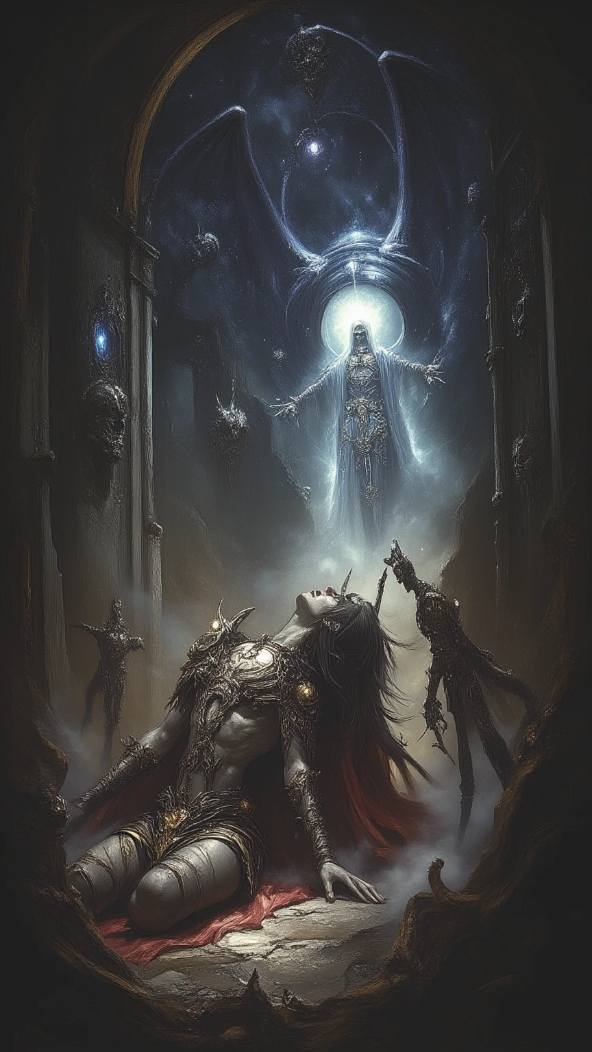 a fantasy image, a cave full of bones and a throne of skulls, it should show a thin moonlight, in the center of the image there should be a woman with bat wings and horns, the bottom should be rocky with an opening at the top of the cave.