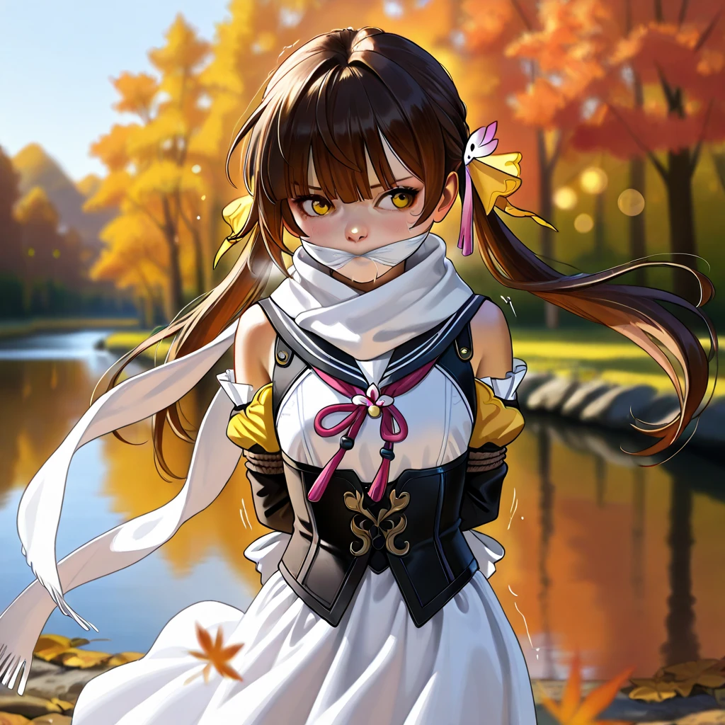 photorealistic, (4k), depth of field, (Masterpiece), (realistic skin texture), extremely detailed, intricate, hyper detailed, professional photography, bokeh, high resolution, sharp detail, best quality, girl, li, Sushang, hair between eyes, brown hair, long hair, yellow eyes, white scarf, scarf, long scarf, black sailor collar, white dress, detached sleeves, corset, gloves, dynamic pose , lake, stream, outdoors, autumn, wind, ((arms tied up)), ((Wrists tied behind back)), bondage, white otm gaggged, gagged, otm gag, struggling, panic, struggle, shaking, saliva, sweat, looks away, my POV,