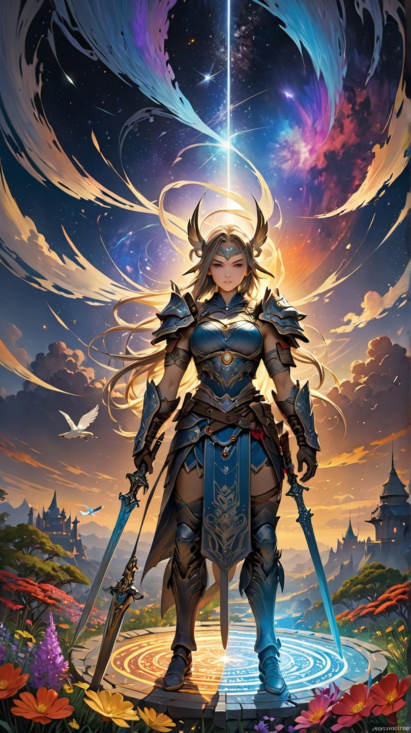 A viking goddess with intricate golden armor and a majestic crown, surrounded by swirling storm clouds. (best quality, highres), radiant golden details, fierce expression and piercing blue eyes, flowing blonde hair, standing on a rocky cliff against the crashing waves, lightning strikes illuminating the stormy sky, ancient runes engraved on her sword, epic battle scene in the background, with fiery dragons and soaring Valkyries, capturing the strength and beauty of Norse mythology.