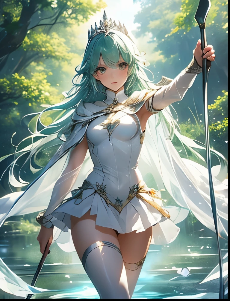1 hair-mermaid girl, swimming in water, (holding Naginata), close to view, character focus, (cowboy shot ) ,(cinematic angle) , many bubbles,japanease clothing, green long hair,serious face, cinematic lighting ,high resolution,(incredibly absurdres), (hires.fix:1.3),anime visual,extremely detailed CG unity 8k wallpaper, ((masterpiece)), ((top-quality)), (beautiful illustration), ((an extremely delicate and beautiful))