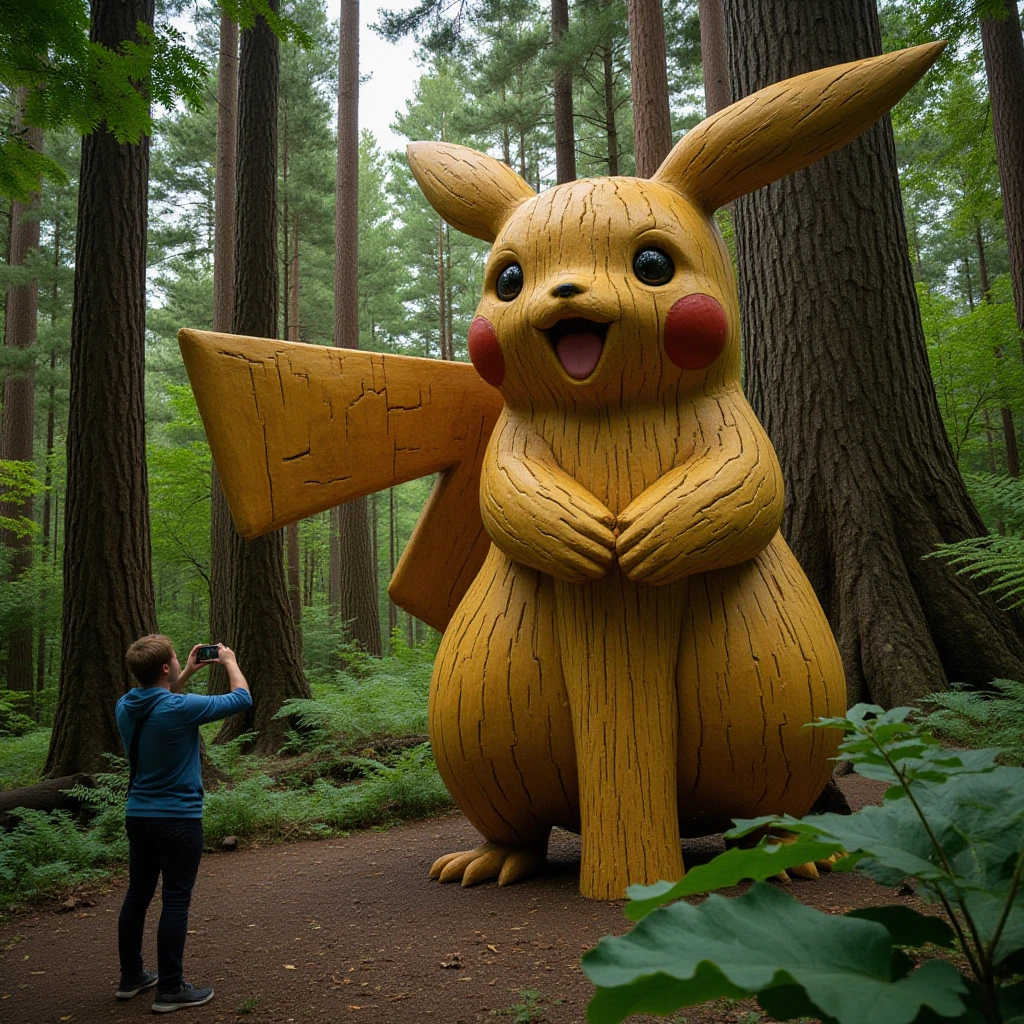 photorealistic ,( in the woods　Pikachu made by carving large trees ),( A person who takes pictures of Pikachu's statues with a smartphone or camera々),