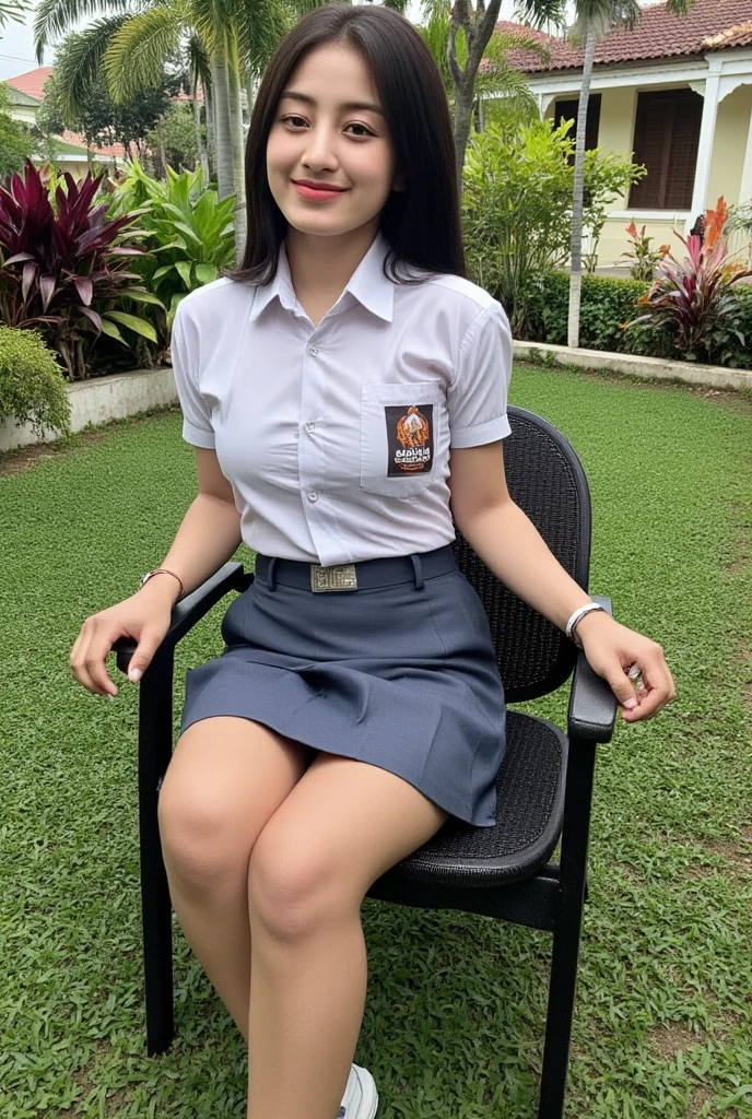  A 20-year-old woman ,  sitting on a front facing garden chair,   using tight indonesian school uniform,  chest very prominent 