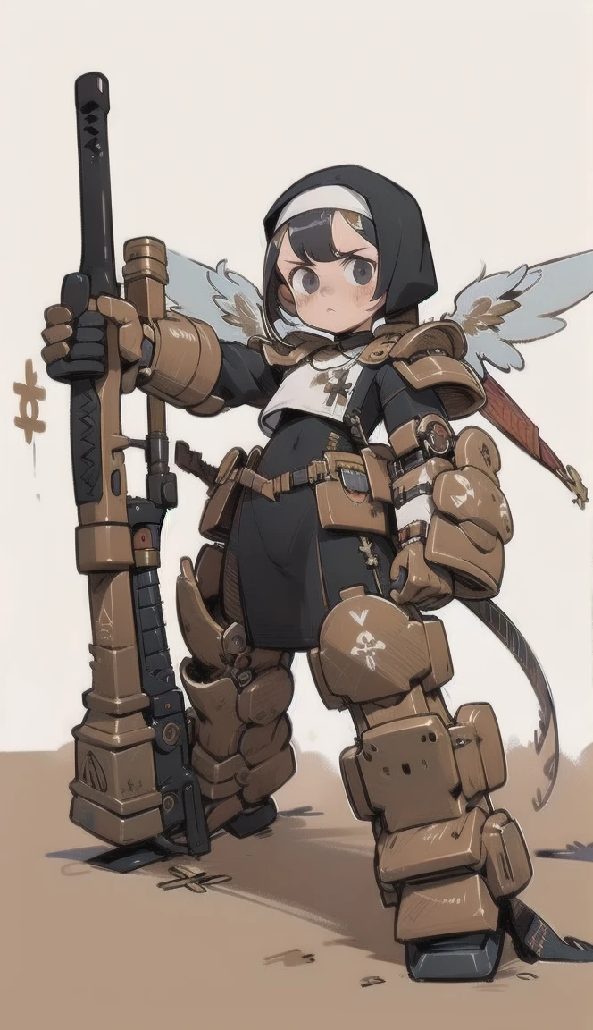 1  woman, High Definition Art , girl in armor ,  armor,  full body, black armor, Image of an angel,  (veiled nun), (exoskeleton:1.3), aiming a flintlock rifle at viewers,   combat stance, flintlock rifle