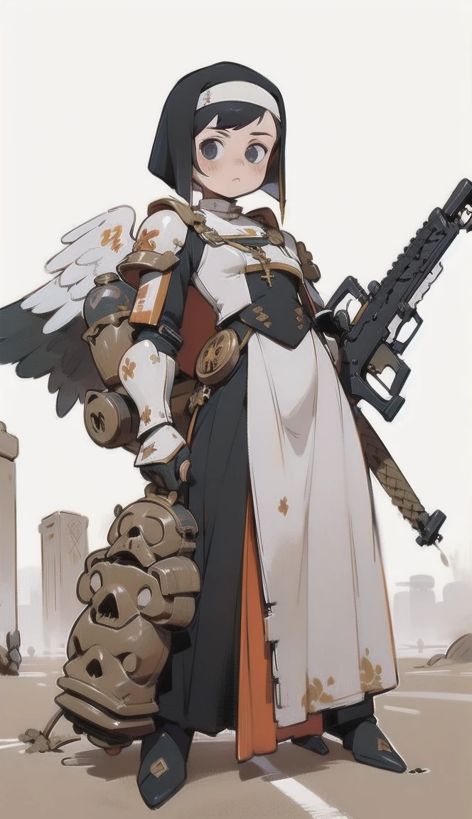 1  woman, High Definition Art , girl in armor ,  armor,  full body, black armor, Image of an angel,  (veiled nun), (exoskeleton:1.3), aiming a flintlock rifle at viewers,   combat stance, flintlock rifle