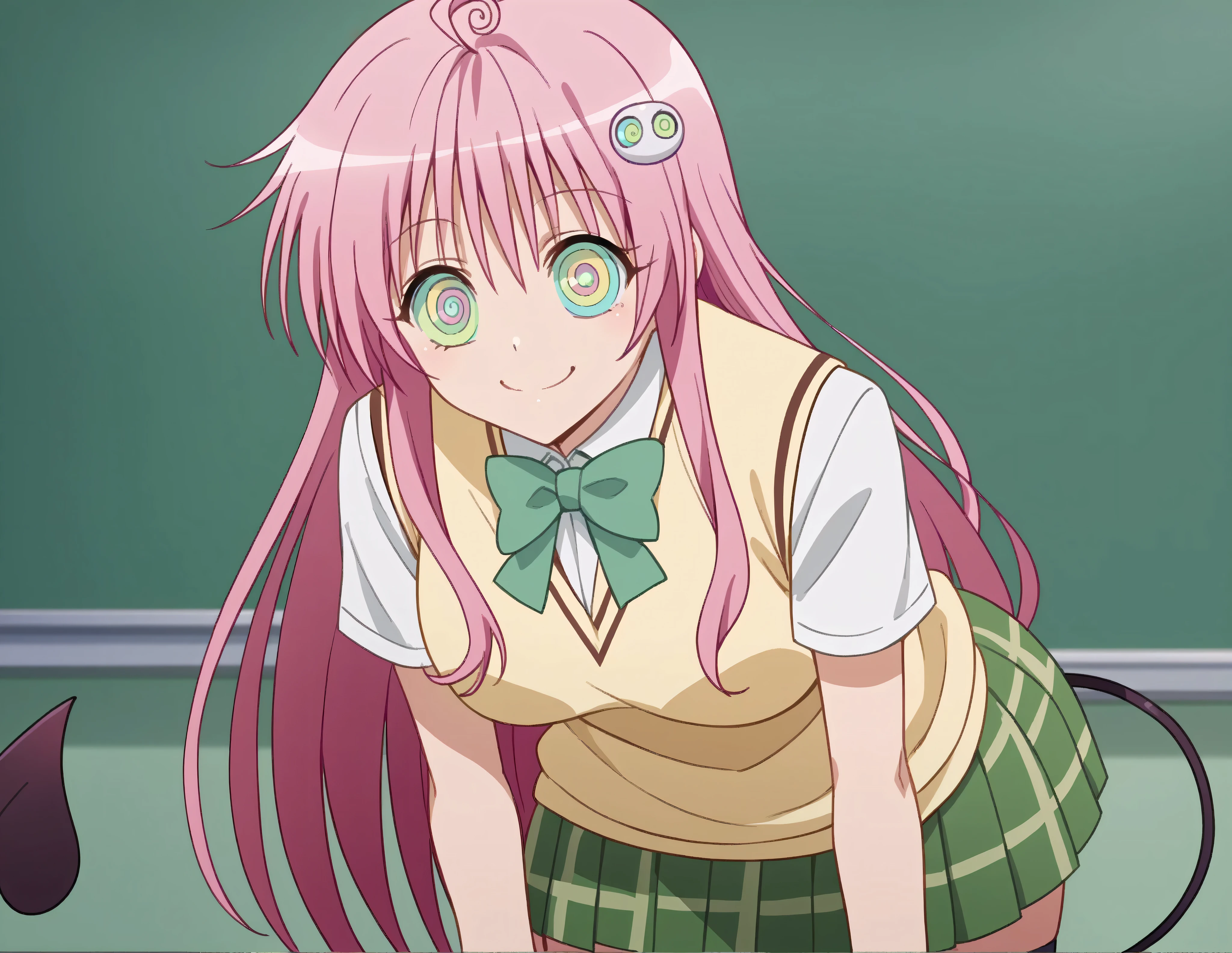 score_9, score_8_up, score_7_up, source_anime,
laladeviluke, lala deviluke, long hair, pink hair, tail, ahoge, bangs, hair ornament, kaa eyes,
demon tail, green skirt, plaid, plaid skirt, sainan high school uniform, school uniform, skirt, sweater vest, thighhighs, yellow sweater, short sleeves, bow, green bow,
indoors, classroom, bent over, goofy smile,
looking at viewer, cowboy shot, dutch angle, solo,