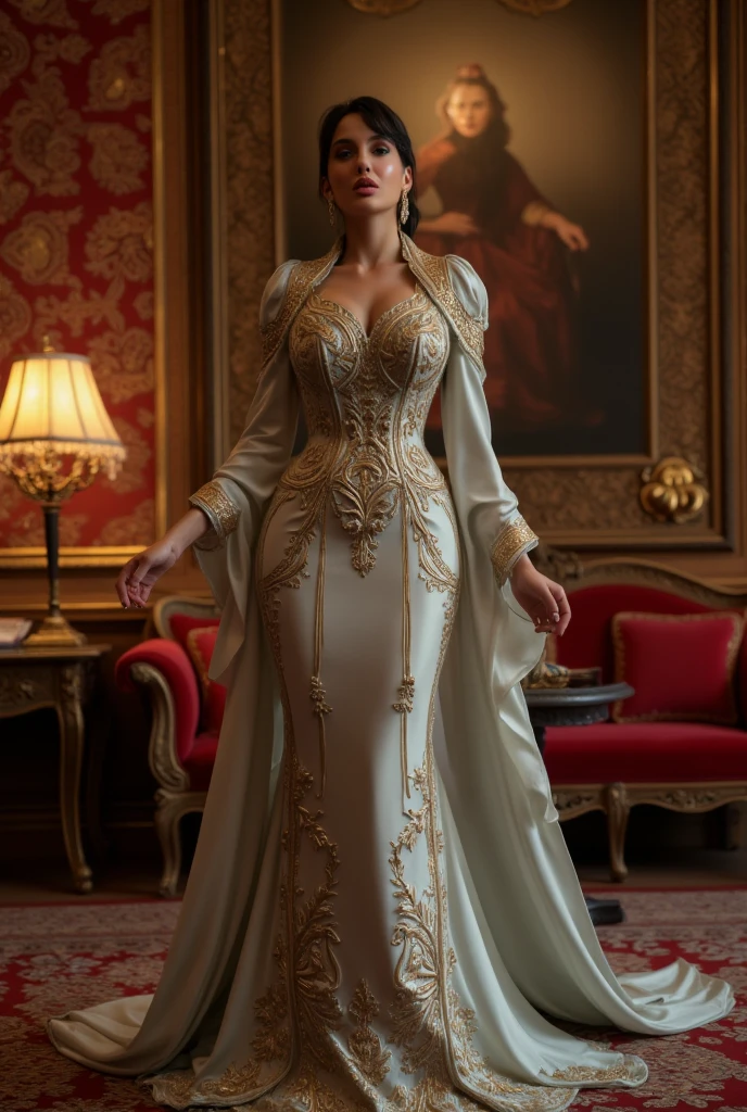 Masterpiece, Best quality, (Photorealistic:1.4), full bodyesbian, (dress:1.1)（evening formal robes：1.1）（Wisps 1.1）（Embroidered seedling edge Q1.1） view over city, Cinematic light, Beautiful woman, ((From any direction)), sport, Large breasts, Black hair,Chinese face， rim, Detailed dress,