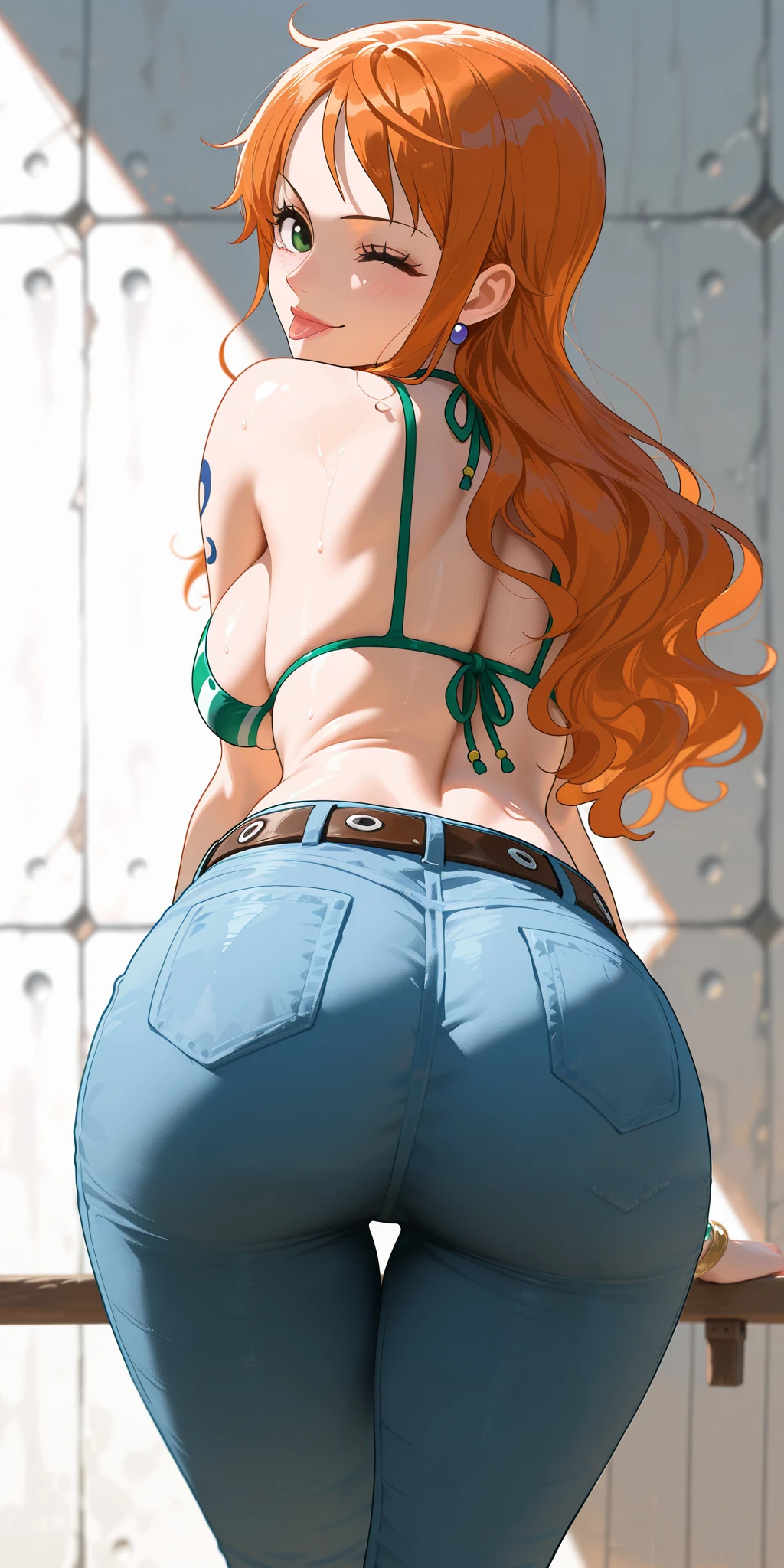 masterpiece, best quality, amazing quality,
1girl, Nami, one piece, green eyes, orange hair, long hair, swimsuit, bikini, pants, belt, bracelet, denim, bikini top only, jeans, wink, scoffed, tongue, tongue out, behind view, looking back, cowboy shot, leaning forward, wall