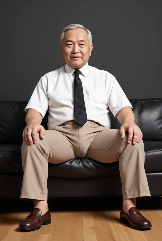 raw 4k photo, full body view, a 78 year japanese old man, looking straight at viewer, medium build body, chubby fat, short gray/white thinning hair, clean shaven, wearing white shirt and tie, a hugging tight dark beige colour trousers, brown loafer shoe, sat on a big black leather sofa in his modern architecture livingroom, Dark gray colour wall background, face looking straight at viewer, spread legs wide open, showing his small bulge, highly detailed bulge, large testicles print outline, highly detailed bulge with penis print outline, shp highly detailed, exceptional realism, bright lighting, hyper realistic,, highly detailed, exceptional realism, highly detailed, hyper realistic