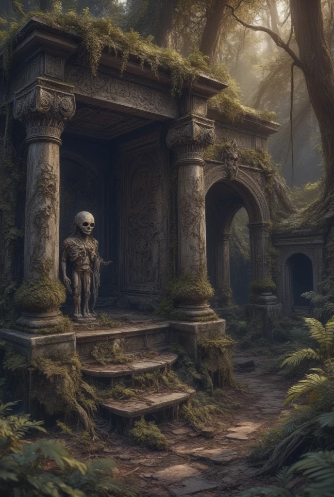  A small, dilapidated stone statue standing next to the dark, Dense forest,  It shines ominously in the dark ,  suggests a cursed presence ,  A dark, gloomy forest , Lush nature , Atmospheric lighting , Movie,  Highly Detailed , photo actual , 8K,  masterpiece, ( best quality ,4K,8K, high resolution , masterpiece:1.2),  super detailed ,( actual ,photo actual ,photo- actual :1.37),HDR,UHB, studio lighting , An ultra-detailed painting ,  sharp focus , physically-based rendering , Extremely detailed description ,major, bright colors ,Bokeh,  Dark Fantasies  ,Gothic, surrealism 