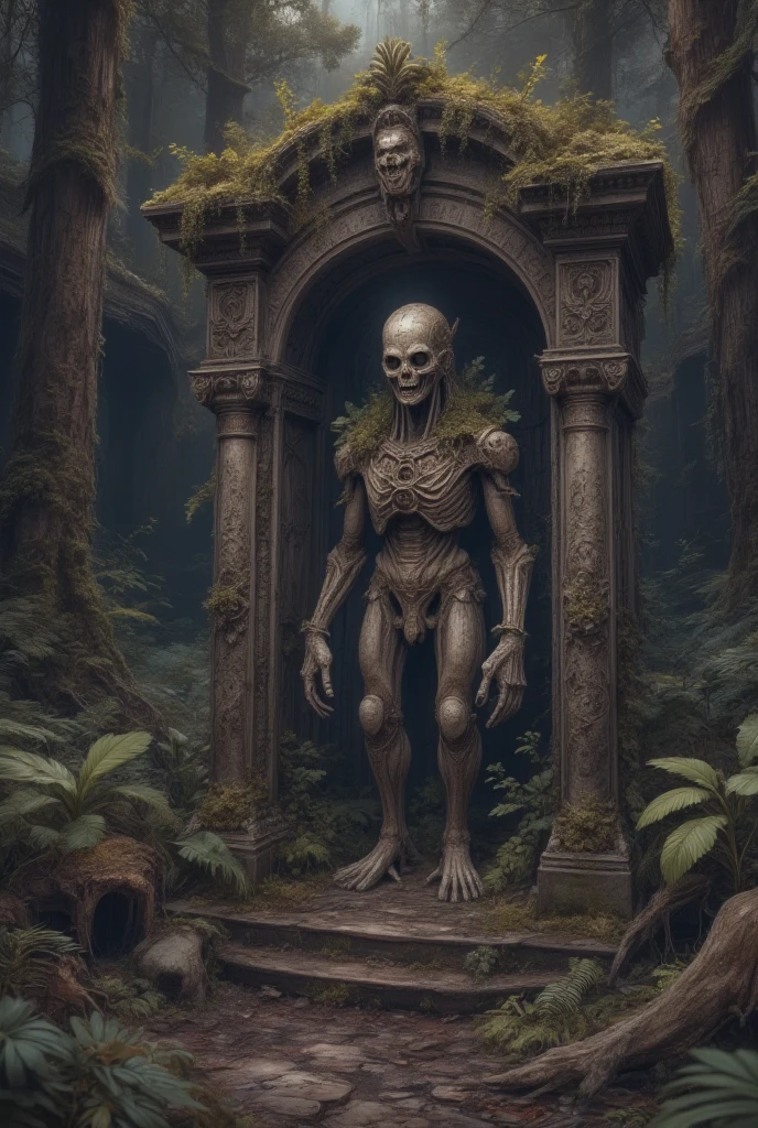  A small, dilapidated stone statue standing next to the dark, Dense forest,  It shines ominously in the dark ,  suggests a cursed presence ,  A dark, gloomy forest , Lush nature , Atmospheric lighting , Movie,  Highly Detailed , photo actual , 8K,  masterpiece, ( best quality ,4K,8K, high resolution , masterpiece:1.2),  super detailed ,( actual ,photo actual ,photo- actual :1.37),HDR,UHB, studio lighting , An ultra-detailed painting ,  sharp focus , physically-based rendering , Extremely detailed description ,major, bright colors ,Bokeh,  Dark Fantasies  ,Gothic, surrealism 