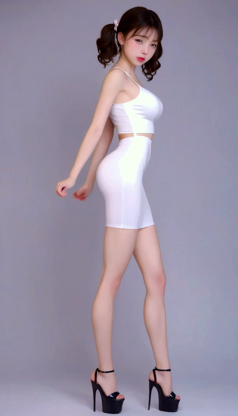 photo, best quality, masterpiece, (23-year-old woman:1.3), sexy, backless, (__advanced-sci-fi-locations__:1.3), (__advanced-white-skirt-II__:1.3), (beautiful eyes: 1.3), (ultra-detailed face: 1.2), (looking at the camera: 1.1), (detailed facial features: 1.1), (pale skin: 1.2), (slim body: 1.4), (small breasts: 1.3), long legs, high heels, dancing body, beautiful lines, golden ratio body