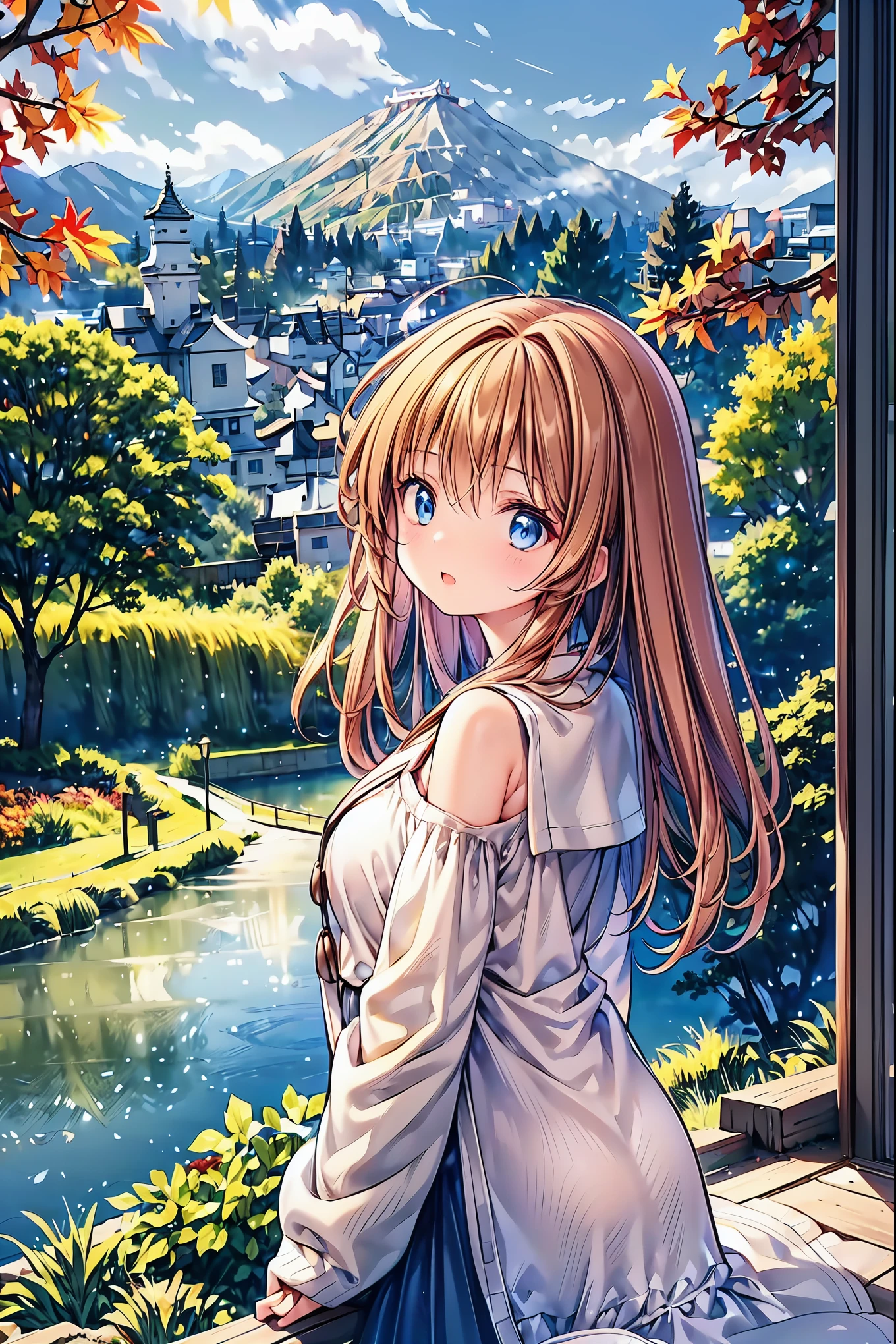 ( best quality ), (Masterpiece)、( very detailed)、( one beautiful girl)、( cute)、20 years old、The takeaway、( evening)、(Take a walk in a nature park )、 sweater 、( off shoulder)、 Long Sleeve 、(Outdoors)、(Many trees with fall leaves )、 Light Up、 light brown hair、( blue eyes)、 detailed eyes、 who opened his eyes wide 、 detailed face 、Laughter、 please empty your mouth、Big Breasted 、 hair length above the buttocks 、( upper body shot )、 and the background is a Japanese castle 、 You can see the serene mountains 、( looks up at the :1.3)