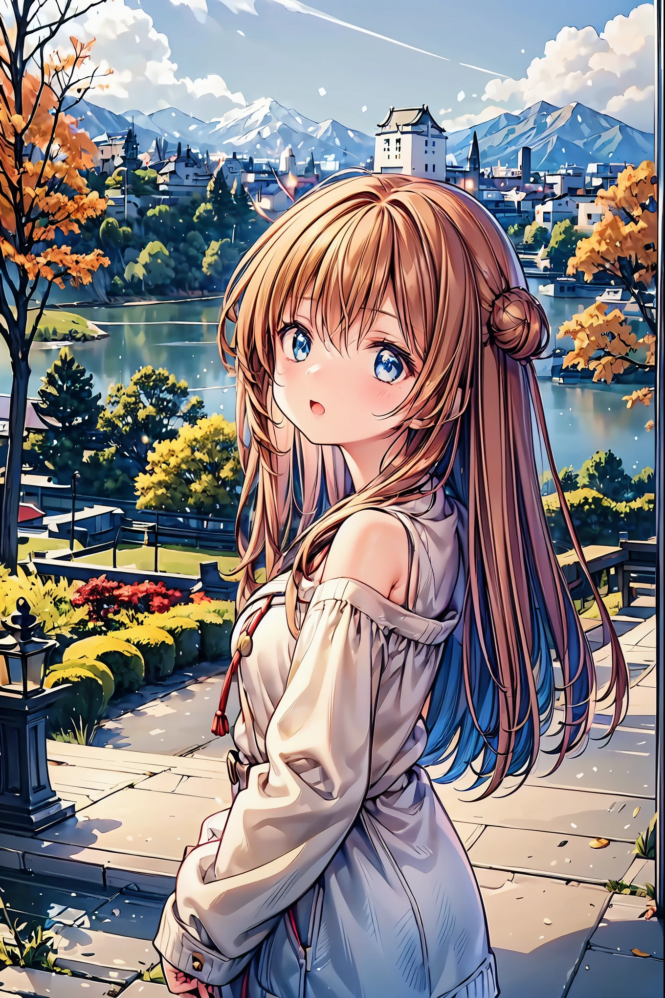 ( best quality ), (Masterpiece)、( very detailed)、( one beautiful girl)、( cute)、20 years old、The takeaway、( evening)、(Take a walk in a nature park )、 sweater 、( off shoulder)、 Long Sleeve 、(Outdoors)、(Many trees with fall leaves )、 Light Up、 light brown hair、( blue eyes)、 detailed eyes、 who opened his eyes wide 、 detailed face 、Laughter、 please empty your mouth、Big Breasted 、 hair length above the buttocks 、( upper body shot )、 and the background is a Japanese castle 、 You can see the serene mountains 、( looks up at the :1.3)