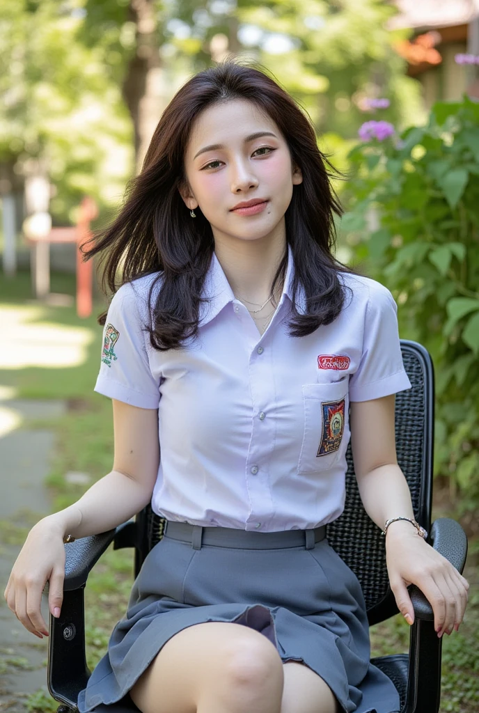  A 20-year-old woman ,  sitting on a front facing garden chair,   using tight indonesian school uniform,  chest very prominent 