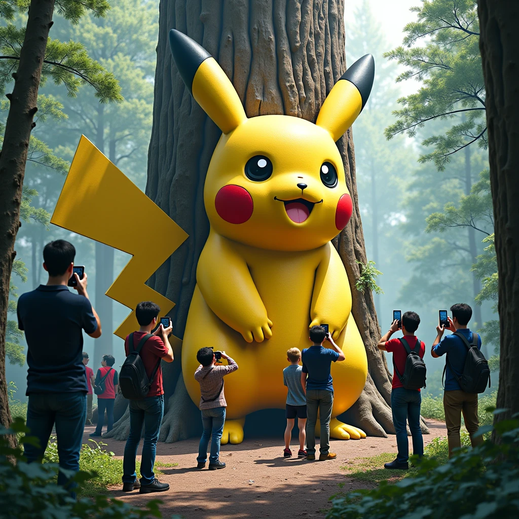 photorealistic ,( in the woods　People who photograph Pikachu statues and Pikachu statues made by carving large trees with smartphones or cameras々),