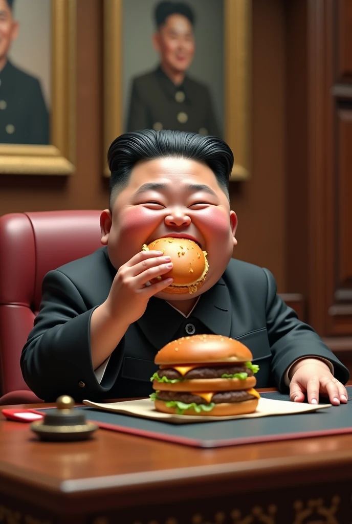 arafed man holding a large hamburger in front of a restaurant, kim jung gi style, style kim jung gi, kim jong un, kim jong - un, kim jong-un, north korea propaganda style, kim jung gi, gluttony, official artwork, kim jung giu, kim jung-gi, eating burgers, inspired by Kim Hwan-gi