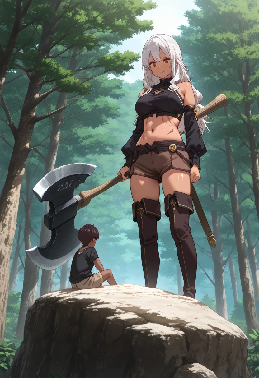 ((masterpiece, best)), (1girl), (mature woman), white hair, tanned skin, tanned stomach, gentle, giant, shoulder length hair, three sizes are 38F,29,42, sitting, (full), smile, scars, mountains, standing, 8K picture quality, small trees, giant girl, black crop top, exposed stomach, detached sleeves, brown shorts, thigh high boots, giant axe, warrior axe, axe, forest, sitting on a large rock looking down at small person,