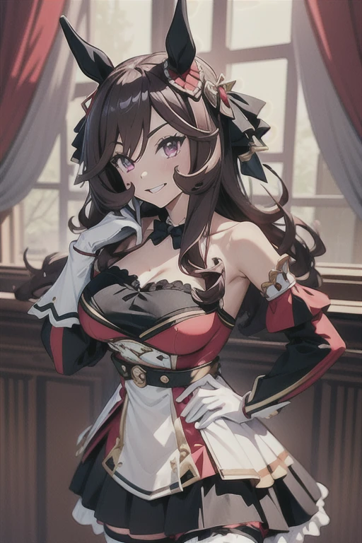 gentildonna,umamusume,1girl, animal ears, solo, purple eyes, horse tail,large breasts,,light smile,best quality,bare shoulders, white gloves, black belt on the chest, red dress, frills, ribbon, black skirt, thighhighs, white legwear, large breasts, hand on own hip, smug,