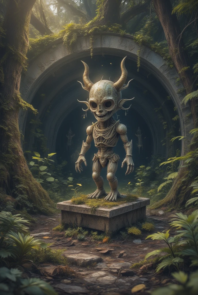  A small, dilapidated stone statue standing next to the dark, Dense forest,  It shines ominously in the dark ,  suggests a cursed presence ,  A dark, gloomy forest , Lush nature , Atmospheric lighting , Movie,  Highly Detailed , photo actual , 8K,  masterpiece, ( Best Quality,4K,8K, high resolution on the bench, masterpiece:1.2),  super detailed ,( actual ,photo actual ,photo- actual :1.37),HDR,UHB, studio lighting , An ultra-detailed painting ,  sharp focus , physically-based rendering , Extremely detailed description ,major, bright colors ,Bokeh,  Dark Fantasies  ,Gothic, surrealism 