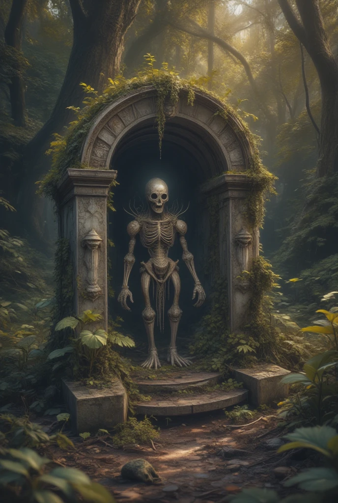  A small, dilapidated stone statue standing next to the dark, Dense forest,  It shines ominously in the dark ,  suggests a cursed presence ,  A dark, gloomy forest , Lush nature , Atmospheric lighting , Movie,  Highly Detailed , photo actual , 8K,  masterpiece, ( Best Quality,4K,8K, high resolution on the bench, masterpiece:1.2),  super detailed ,( actual ,photo actual ,photo- actual :1.37),HDR,UHB, studio lighting , An ultra-detailed painting ,  sharp focus , physically-based rendering , Extremely detailed description ,major, bright colors ,Bokeh,  Dark Fantasies  ,Gothic, surrealism 