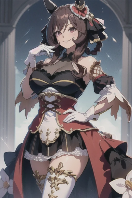 A woman wearing a European madame dress from the middle ages, long-sleeved red dress, black details on the clothes, iron cross necklace on her neck, wearing a long madame hat, hat with black feather, long black hair, bangs on the eyes, yellow eyes, smiling, big breasts, outside a mansion, standing on a concrete sidewalk, wide view of lawn with some trees, blue sky with some clouds, smiling, European aesthetic from the 1700s,(solo woman) ,UHD , prime work , accurate , anatomically correct , textured skin , super details , high quality , best quality, 8k, high resolution, bokeh effect.
